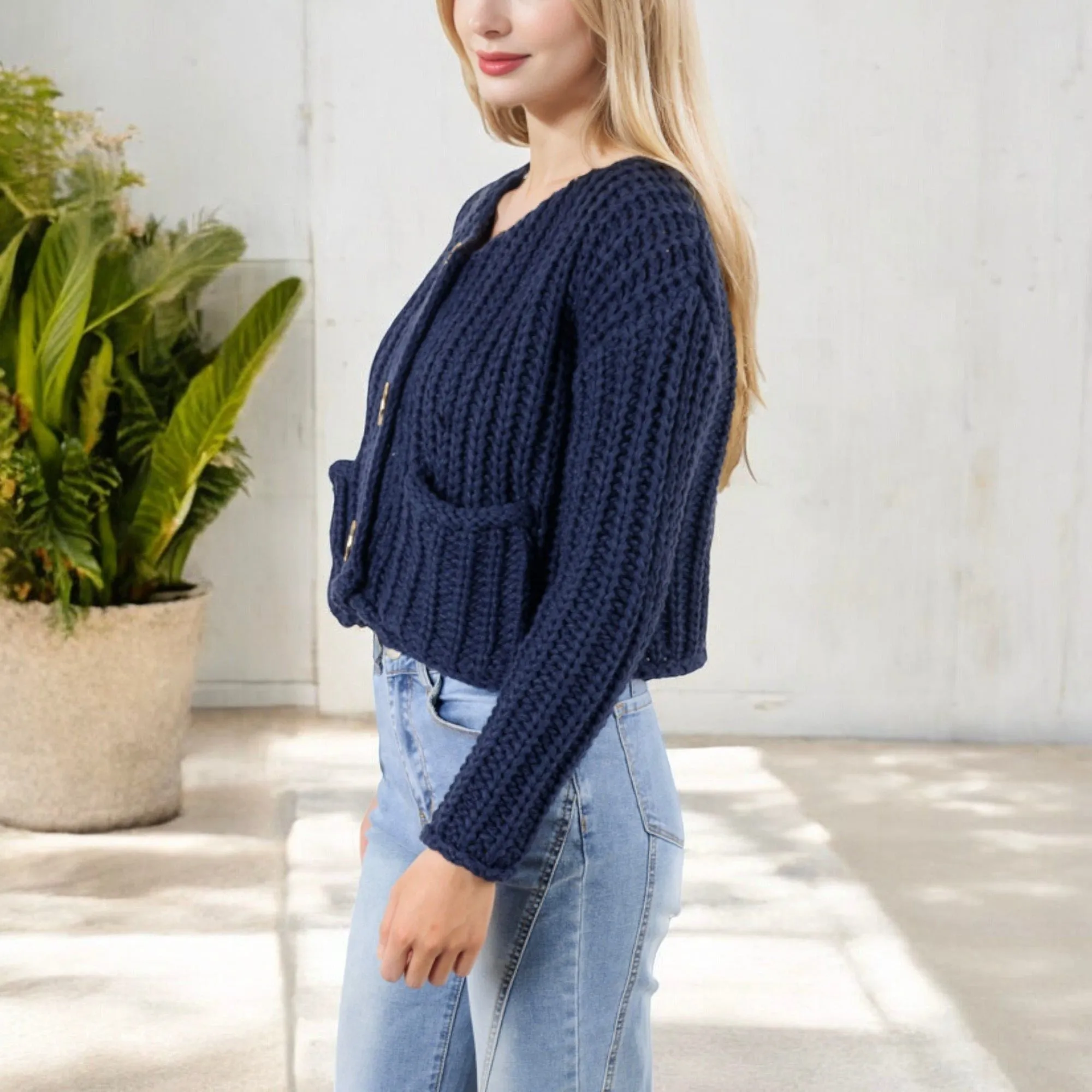 Chunky Knit Cardigan with Statement Button Front and Deep Pockets sold by Anna-Kaci product image thumbnail 2