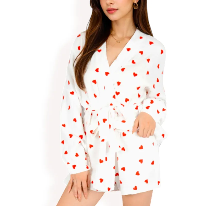 Anna-Kaci Women's Heart Print 2-Piece Pajama Set with Long Sleeve Tie-Waist Robe and Relaxed Fit Shorts sold by Anna-Kaci