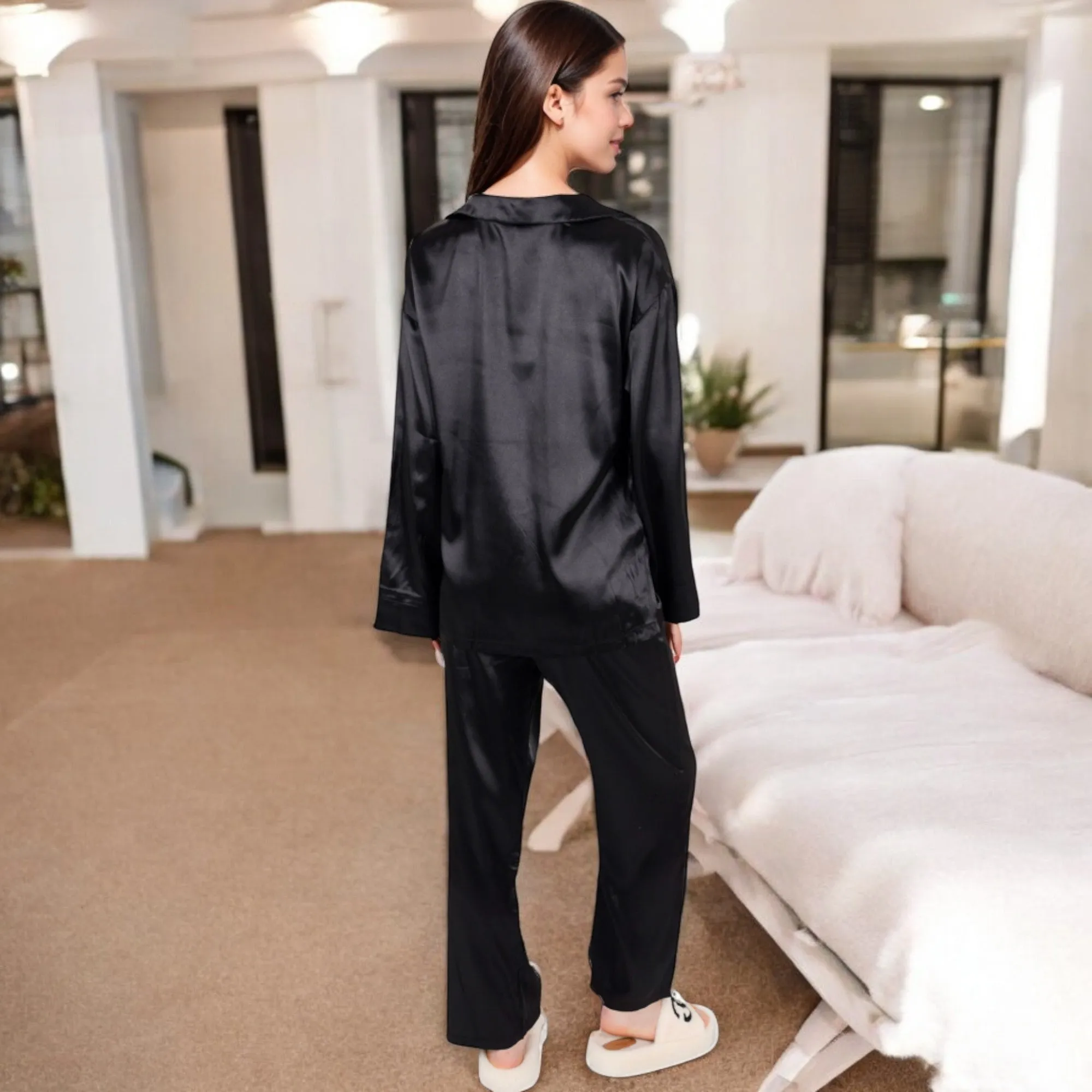 Anna-Kaci Women's Satin 2-Piece Pajama Set with Long Sleeve Button-Up Shirt and Relaxed Fit Wide-Leg Pants sold by Anna-Kaci product image thumbnail 4
