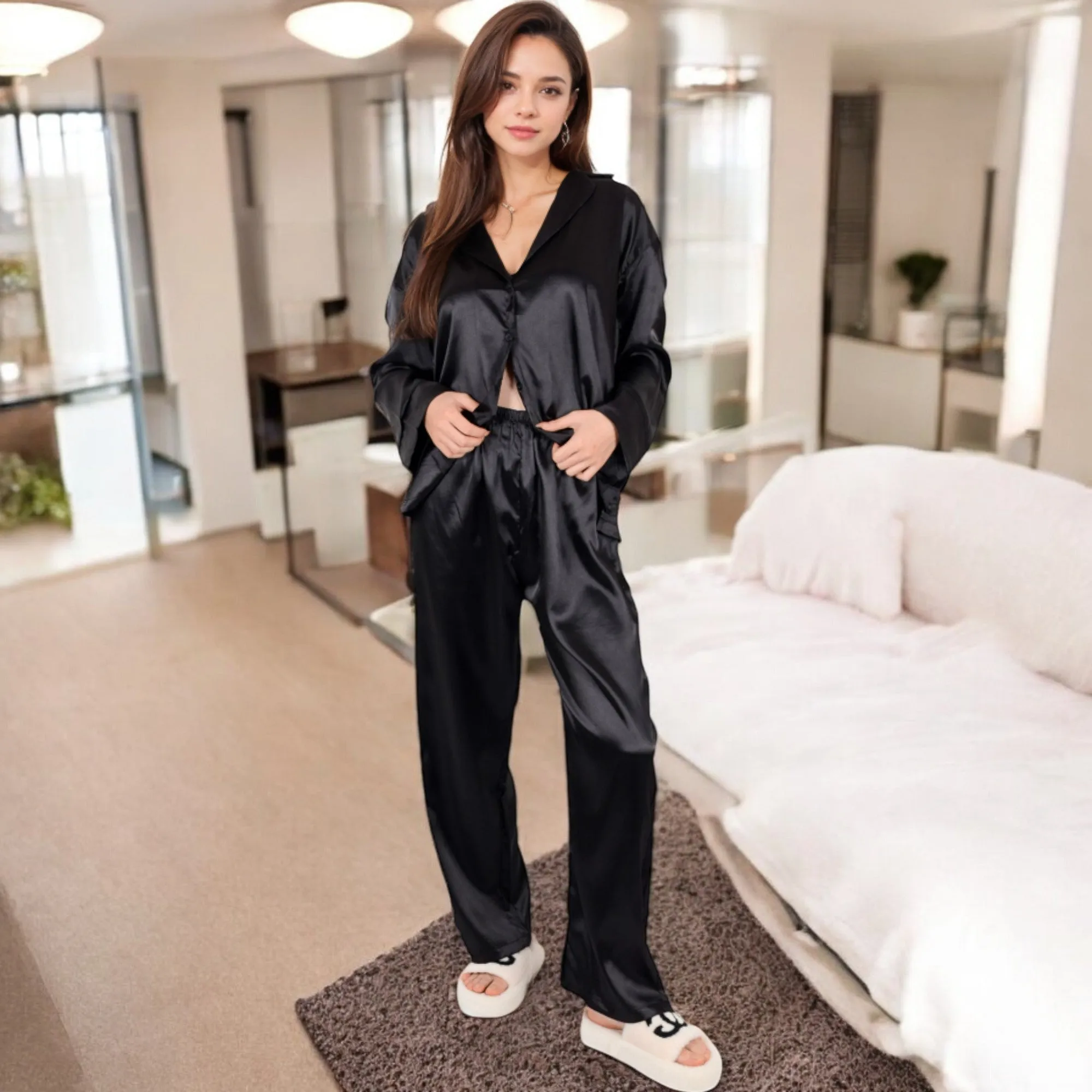 Anna-Kaci Women's Satin 2-Piece Pajama Set with Long Sleeve Button-Up Shirt and Relaxed Fit Wide-Leg Pants sold by Anna-Kaci product image thumbnail 2
