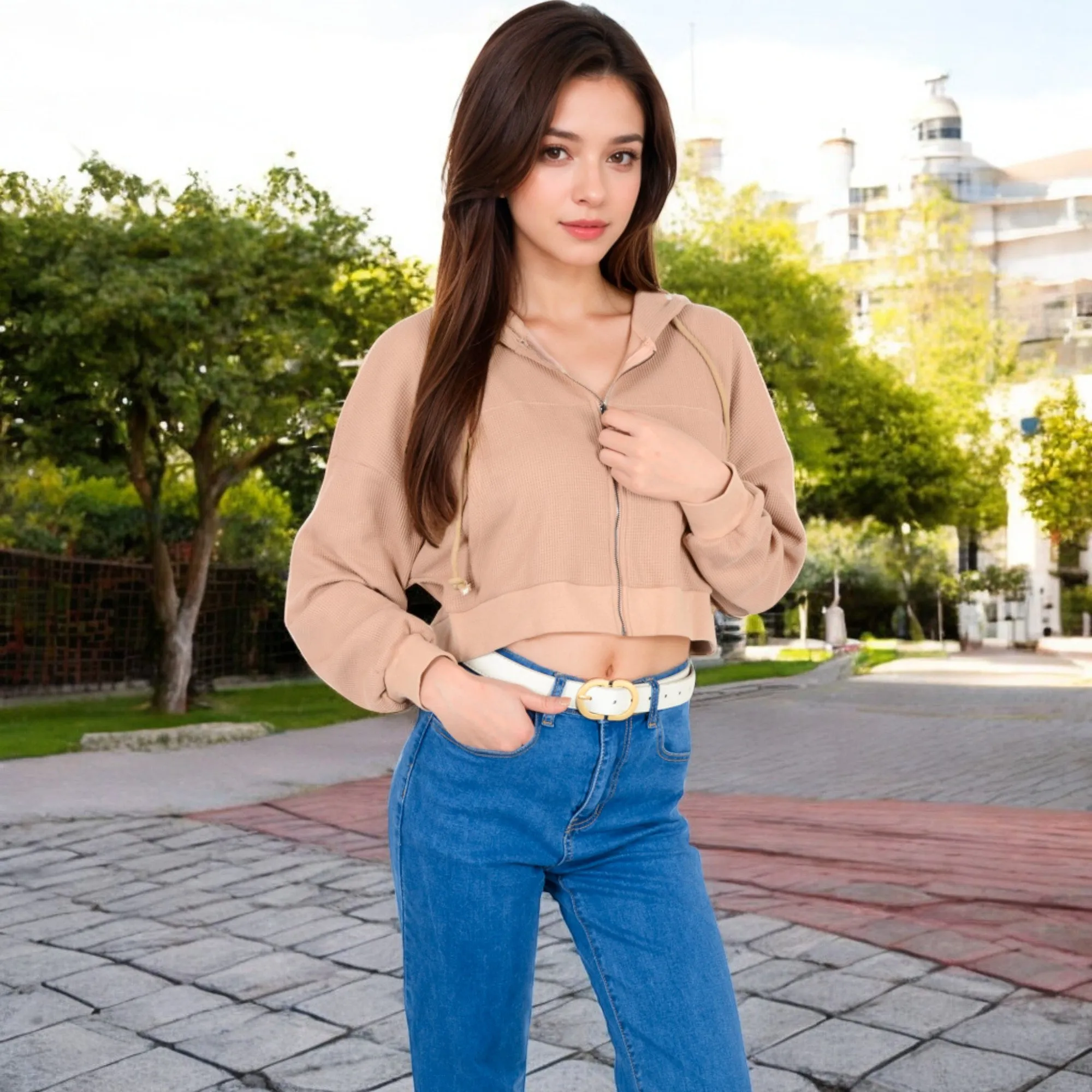 Anna-Kaci Women's Cropped Waffle Knit Zip-Up Hoodie with Drawstring sold by Anna-Kaci product image thumbnail 2