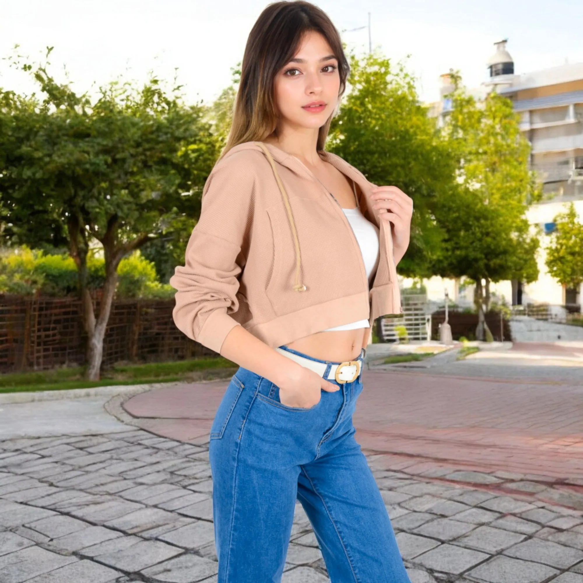 Anna-Kaci Women's Cropped Waffle Knit Zip-Up Hoodie with Drawstring sold by Anna-Kaci product image thumbnail 3