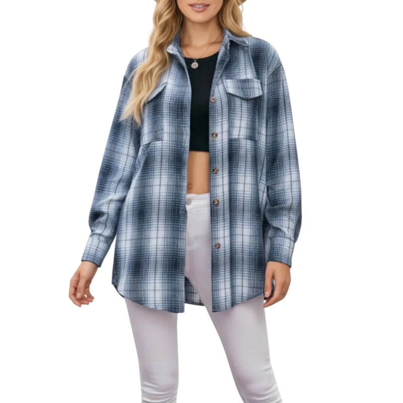 Anna-Kaci Women's Long Sleeve Plaid Button-Up Shirt with Front Pockets and Relaxed Fit sold by Anna-Kaci