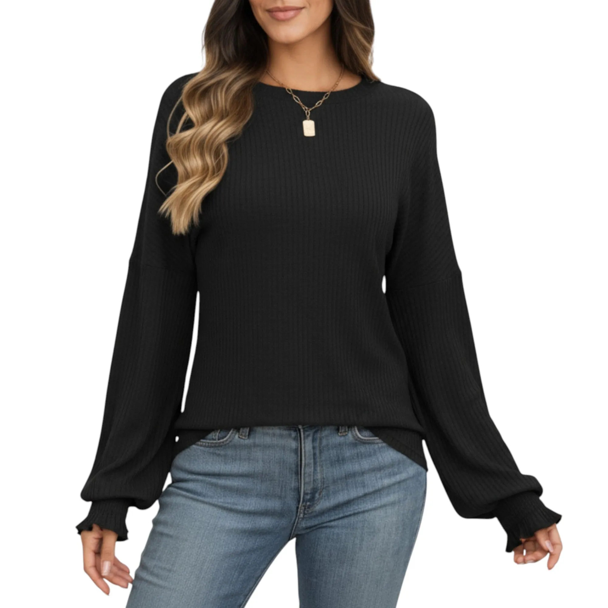 Anna-Kaci Women's Long Sleeve Ribbed Knit Top with Subtle Ruffle Cuff Detail sold by Anna-Kaci