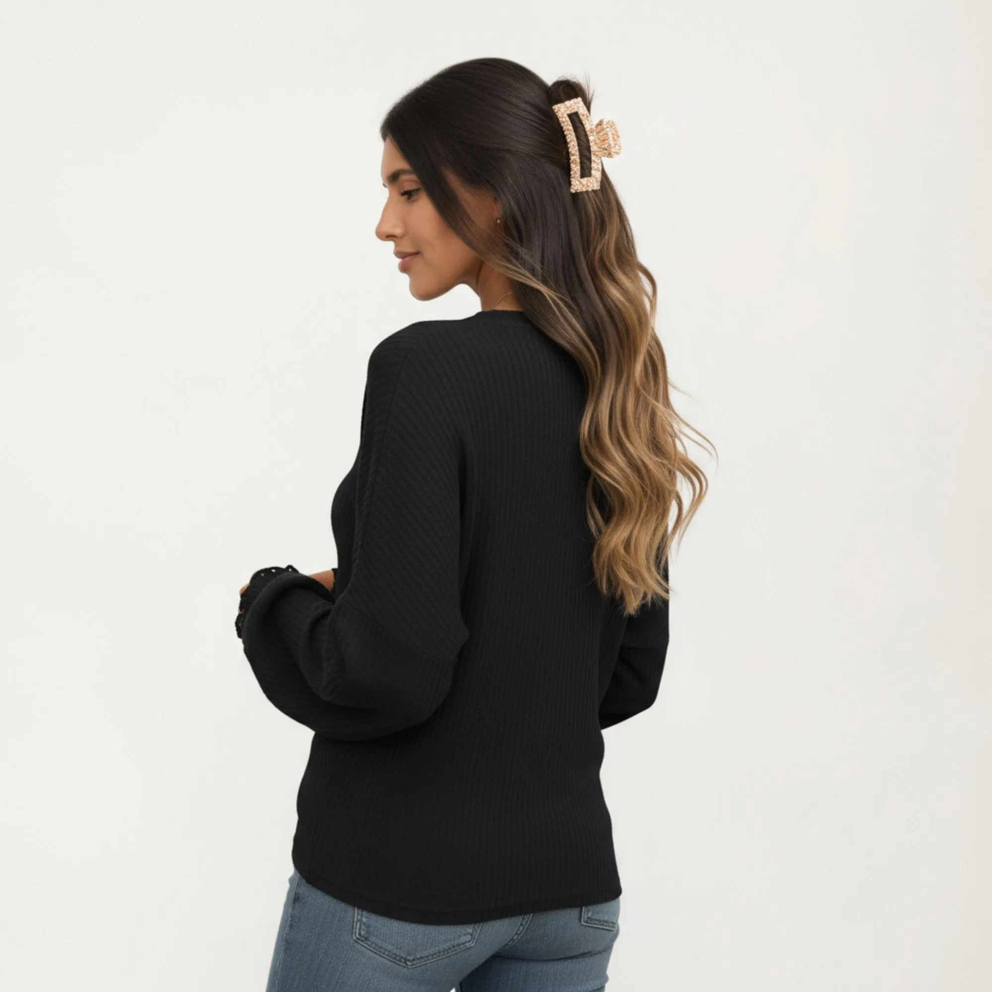 Anna-Kaci Women's Long Sleeve Ribbed Knit Top with Subtle Ruffle Cuff Detail sold by Anna-Kaci product image thumbnail 2