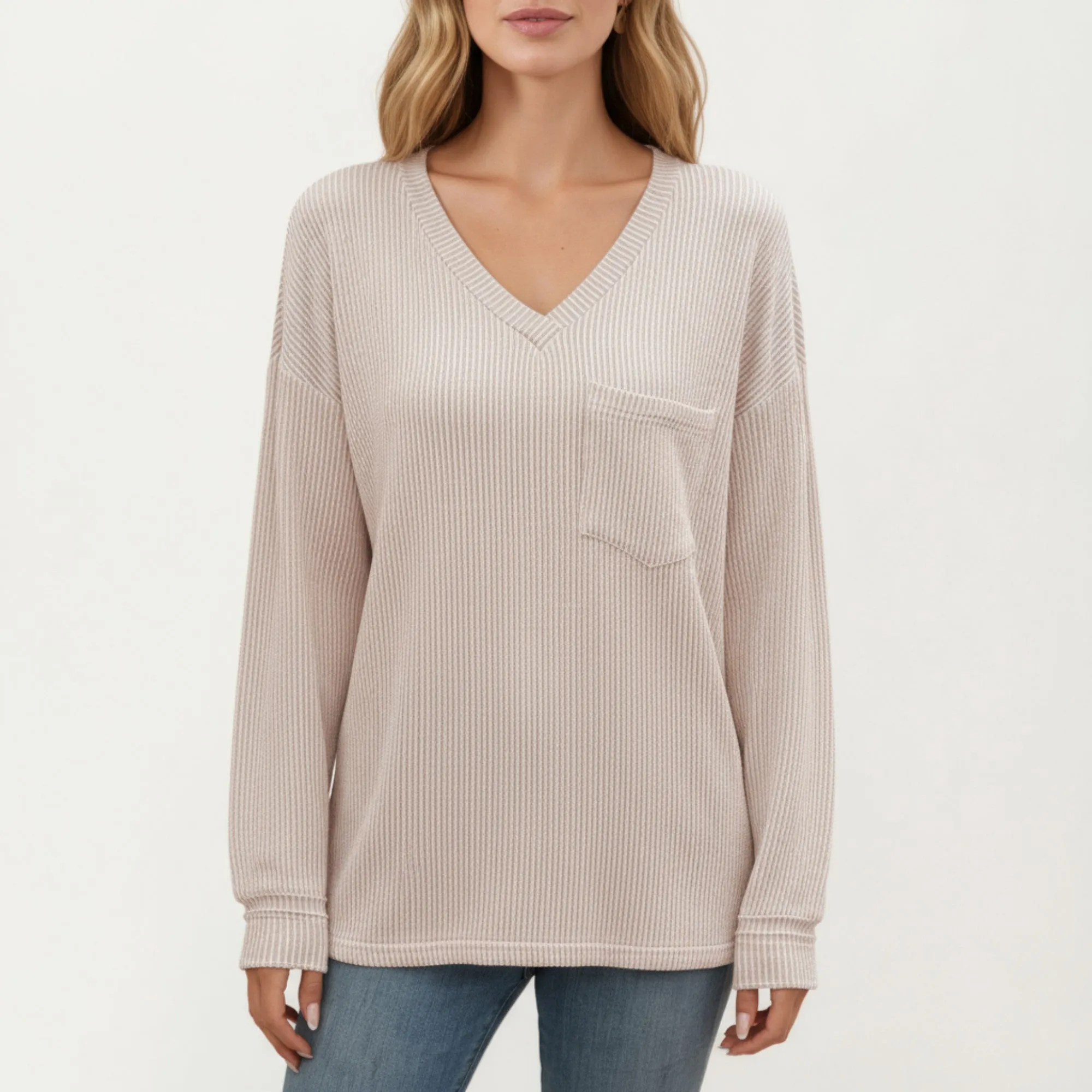 Anna-Kaci Women's V-Neck Long Sleeve Knit Top with Chest Pocket and Relaxed Fit sold by Anna-Kaci product image thumbnail 2