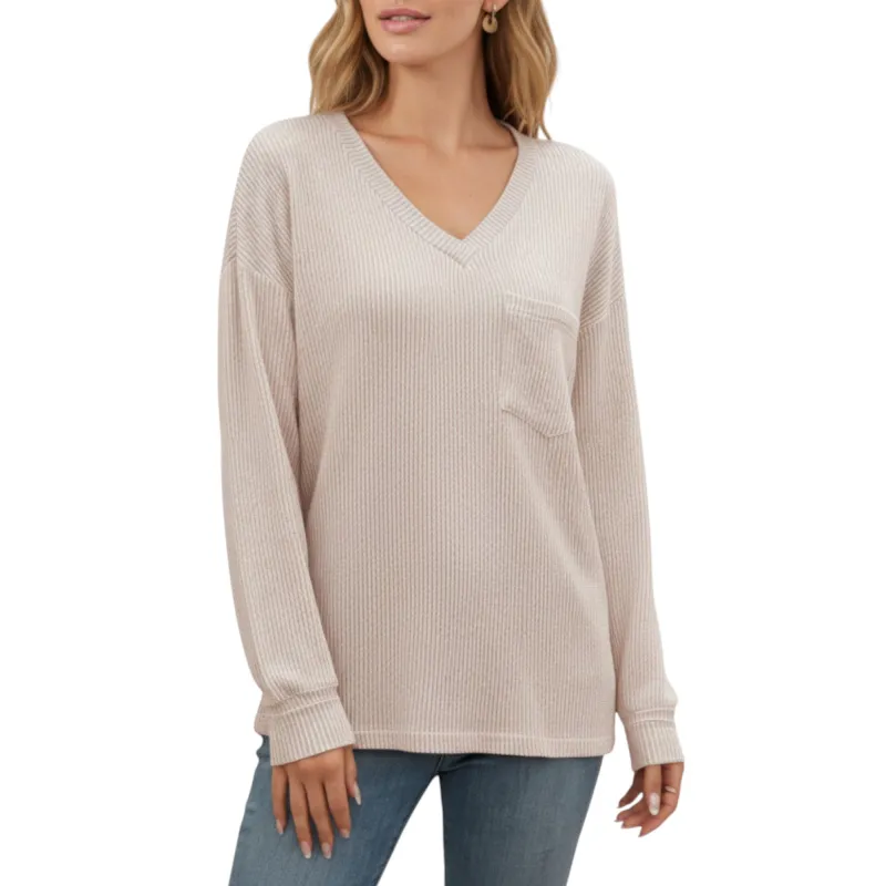 Anna-Kaci Women's V-Neck Long Sleeve Knit Top with Chest Pocket and Relaxed Fit sold by Anna-Kaci