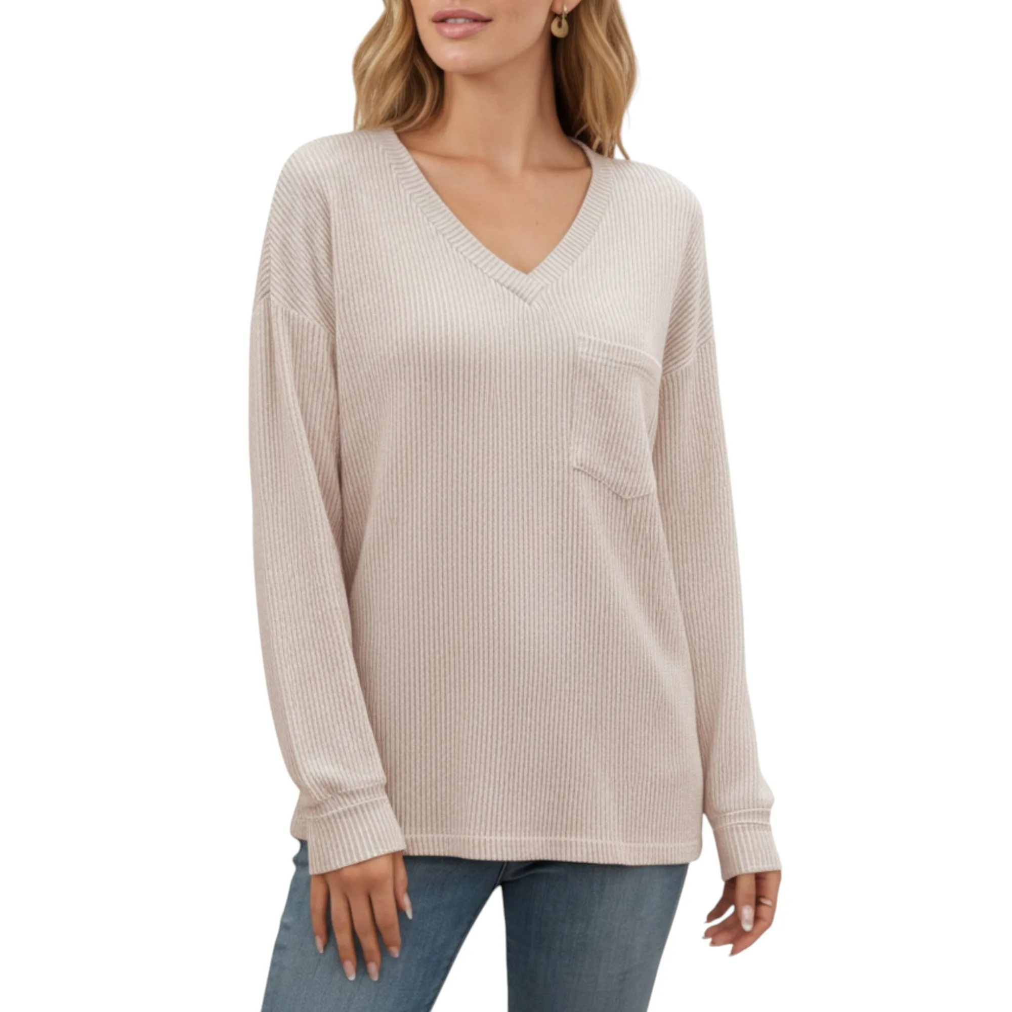 Anna-Kaci Women's V-Neck Long Sleeve Knit Top with Chest Pocket and Relaxed Fit sold by Anna-Kaci