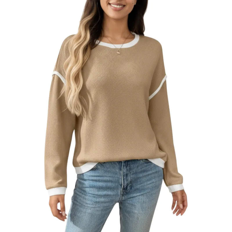 Anna-Kaci Women's Long Sleeve Knit Top with Contrast Trim and Relaxed Fit sold by Anna-Kaci