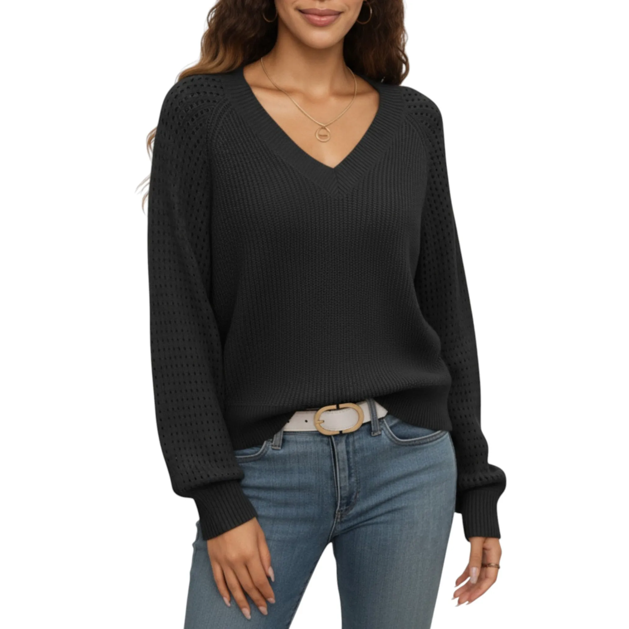 Anna-Kaci Women's Off-Shoulder Knit Sweater with Pointelle Sleeves and Relaxed Fit sold by Anna-Kaci
