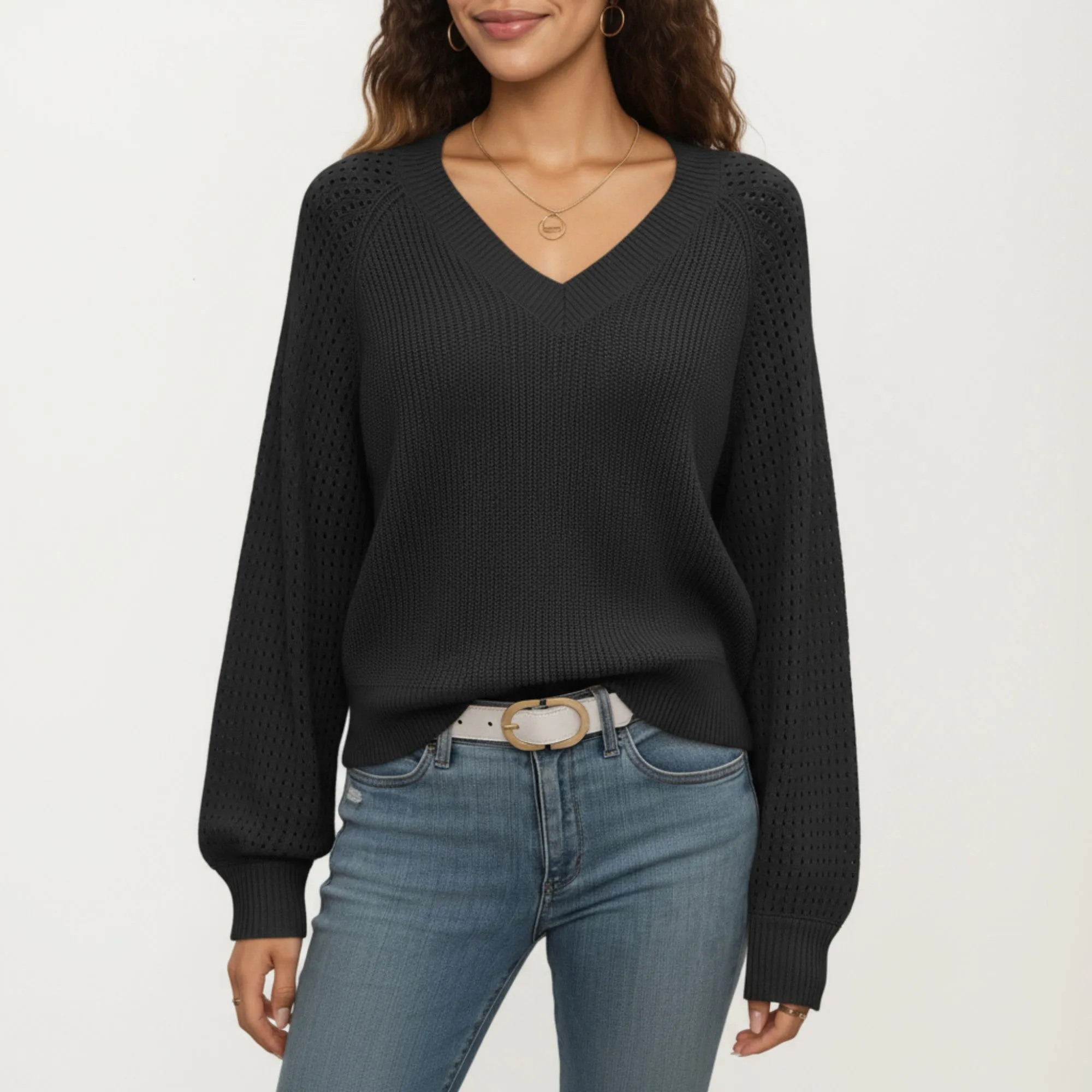 Anna-Kaci Women's Off-Shoulder Knit Sweater with Pointelle Sleeves and Relaxed Fit sold by Anna-Kaci product image thumbnail 2