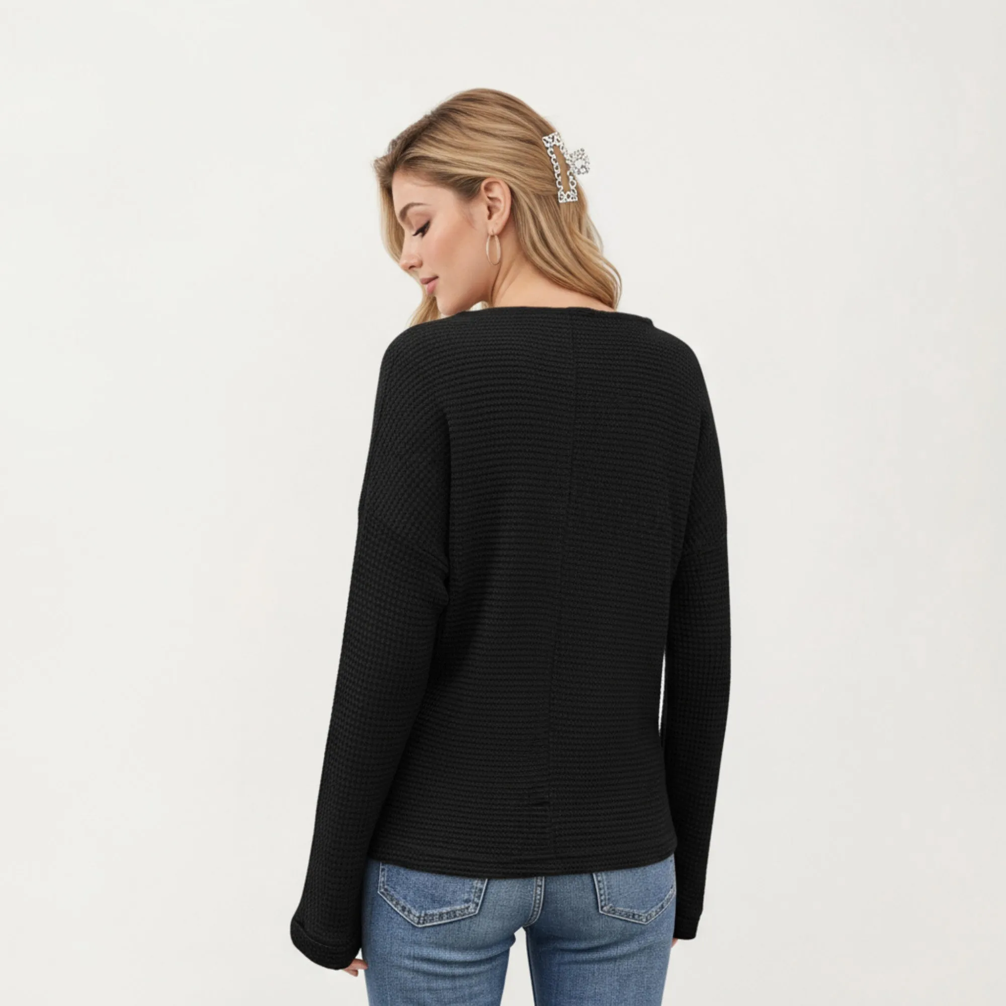 Anna-Kaci Women's Long Sleeve Textured Knit Pullover Top with Split Neck and Relaxed Fit sold by Anna-Kaci product image thumbnail 3