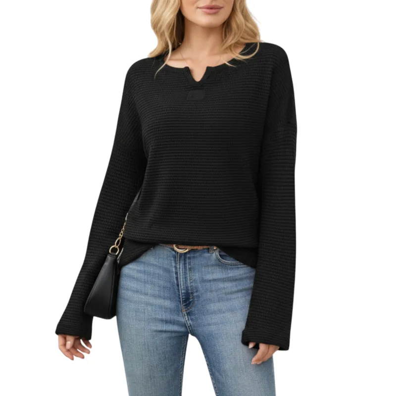 Anna-Kaci Women's Long Sleeve Textured Knit Pullover Top with Split Neck and Relaxed Fit sold by Anna-Kaci