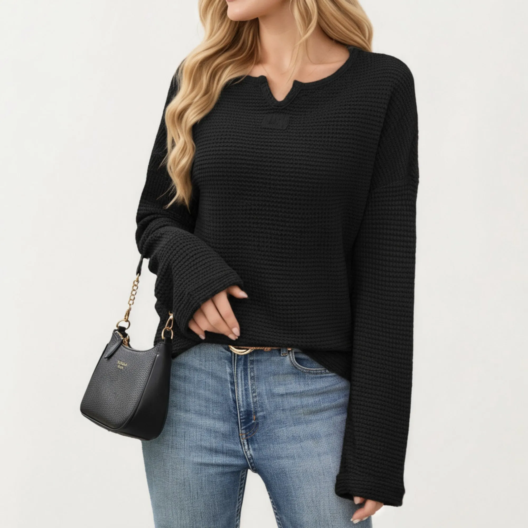 Anna-Kaci Women's Long Sleeve Textured Knit Pullover Top with Split Neck and Relaxed Fit sold by Anna-Kaci product image thumbnail 2