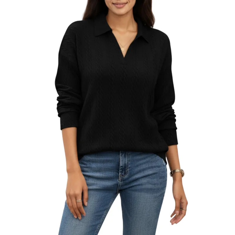 Anna-Kaci Women's Long Sleeve Collared Knit Top with Subtle Textured Pattern and Relaxed Fit sold by Anna-Kaci