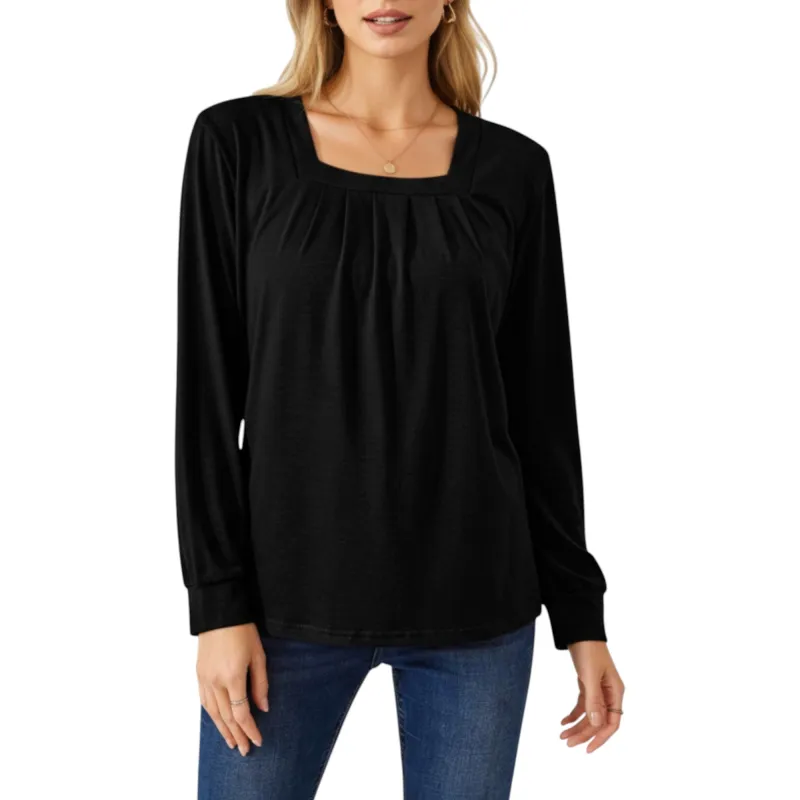 Anna-Kaci Women's Long Sleeve Square Neck Top with Front Pleat Detailing and Relaxed Fit sold by Anna-Kaci