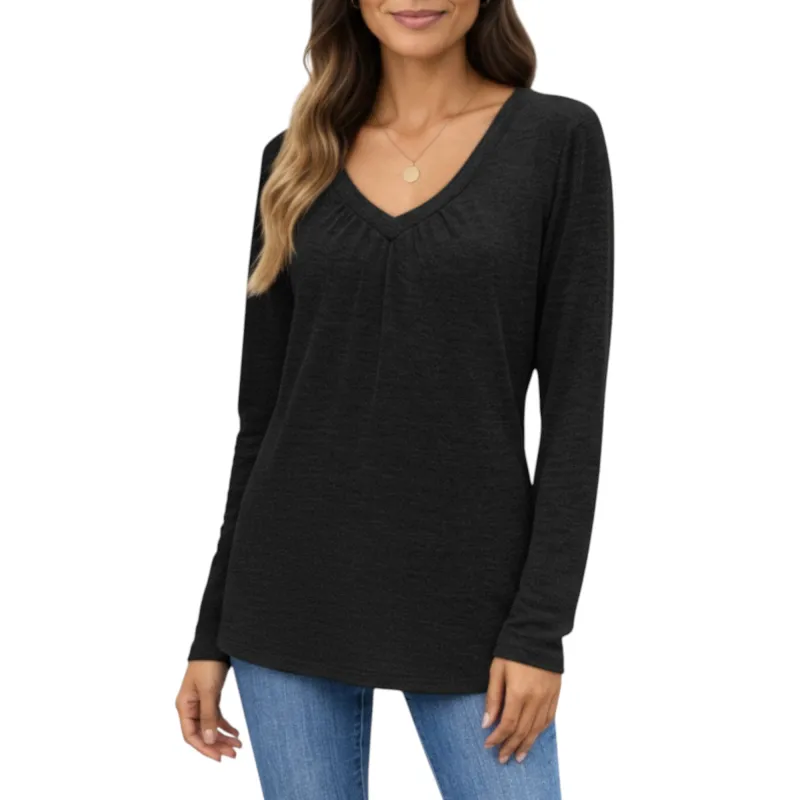 Anna-Kaci Women's Long Sleeve V-Neck Top with Subtle Front Pleat and Relaxed Fit sold by Anna-Kaci