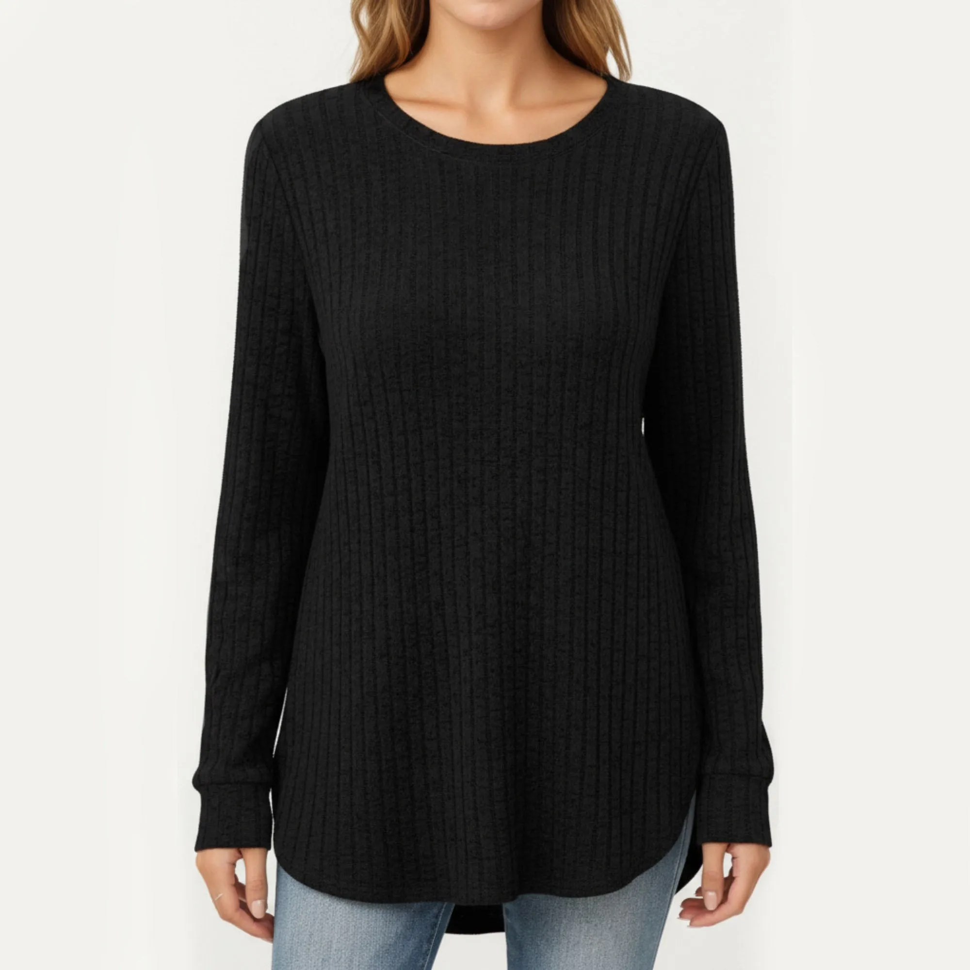 Anna-Kaci Women's Long Sleeve Ribbed Knit Top with Rounded Hem and Relaxed Fit sold by Anna-Kaci product image thumbnail 2