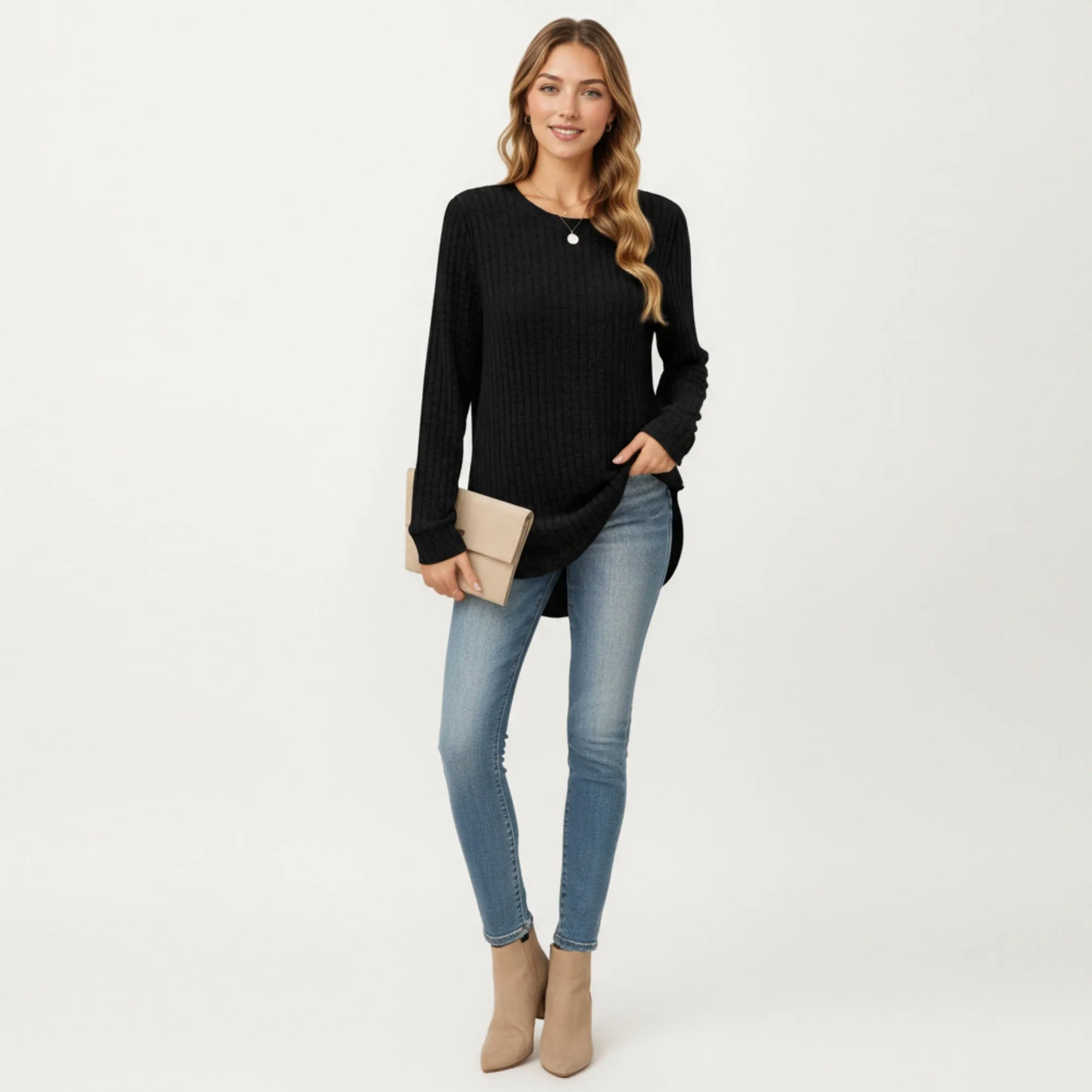 Anna-Kaci Women's Long Sleeve Ribbed Knit Top with Rounded Hem and Relaxed Fit sold by Anna-Kaci product image thumbnail 3