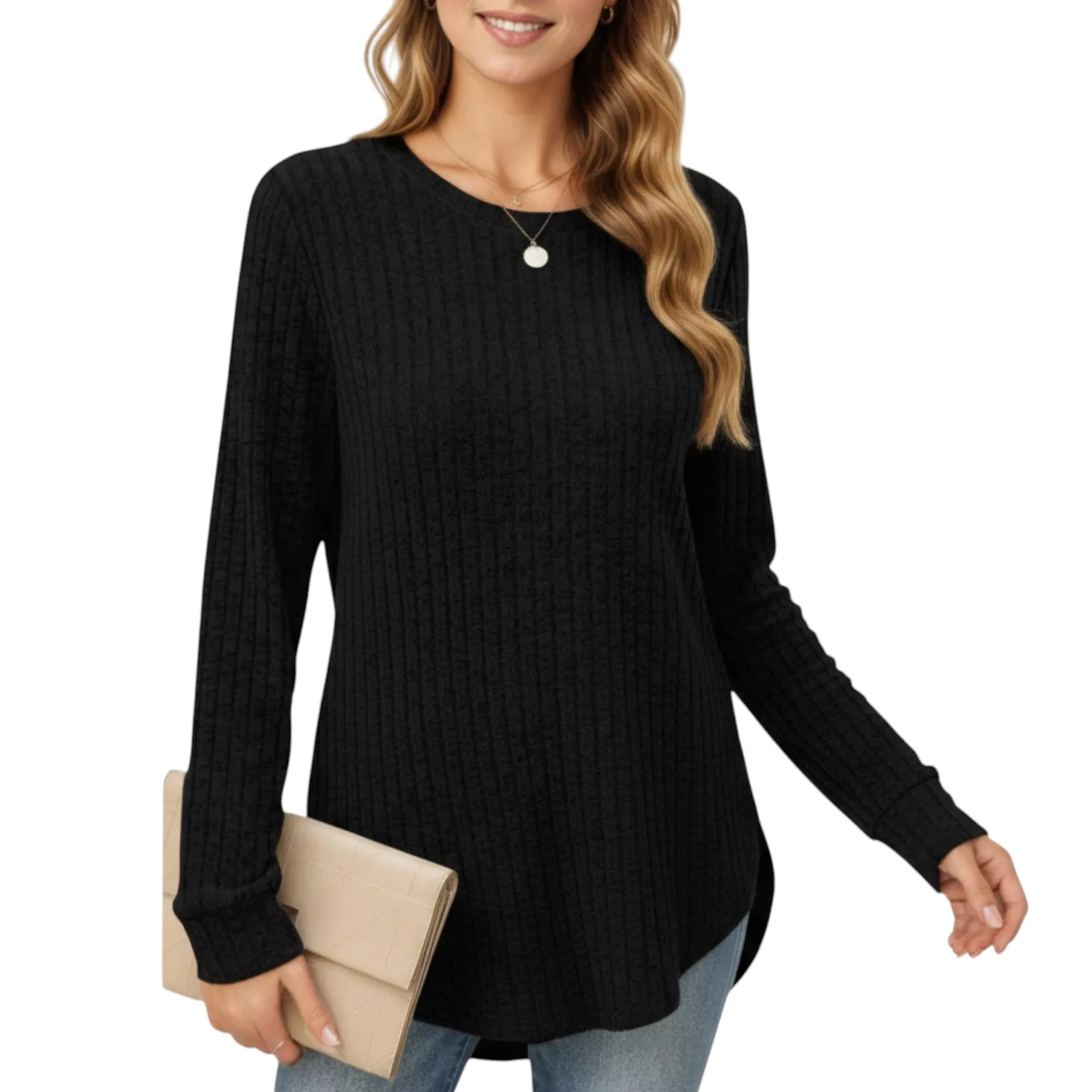 Anna-Kaci Women's Long Sleeve Ribbed Knit Top with Rounded Hem and Relaxed Fit sold by Anna-Kaci