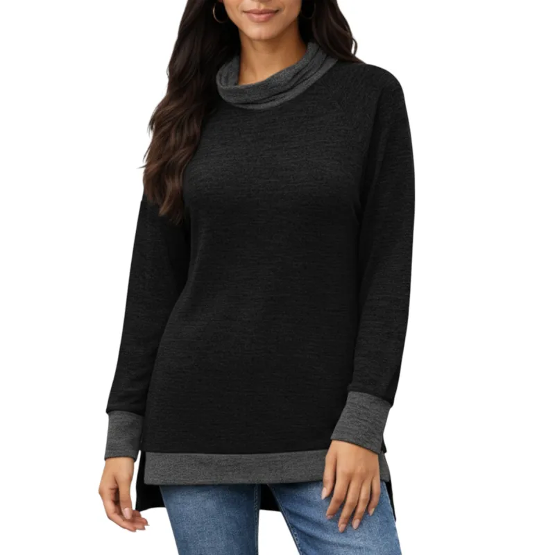 Anna-Kaci Women's Long Sleeve Cowl Neck Top with Contrast Cuffs and Hem sold by Anna-Kaci