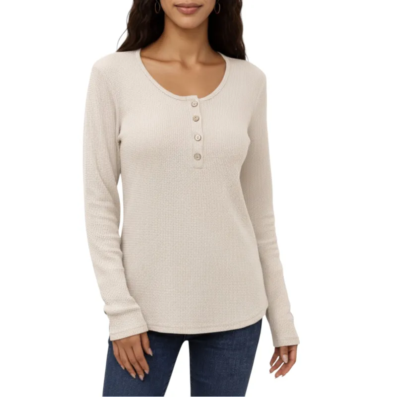 Anna-Kaci Women's Long Sleeve Button-Front Scoop Neck Top with Textured Knit Design sold by Anna-Kaci