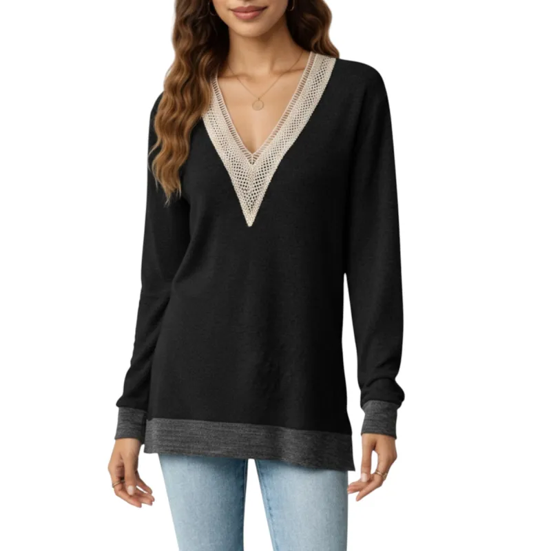 Anna-Kaci Women's Long Sleeve V-Neck Top with Contrast Crochet Trim and Relaxed Hem sold by Anna-Kaci