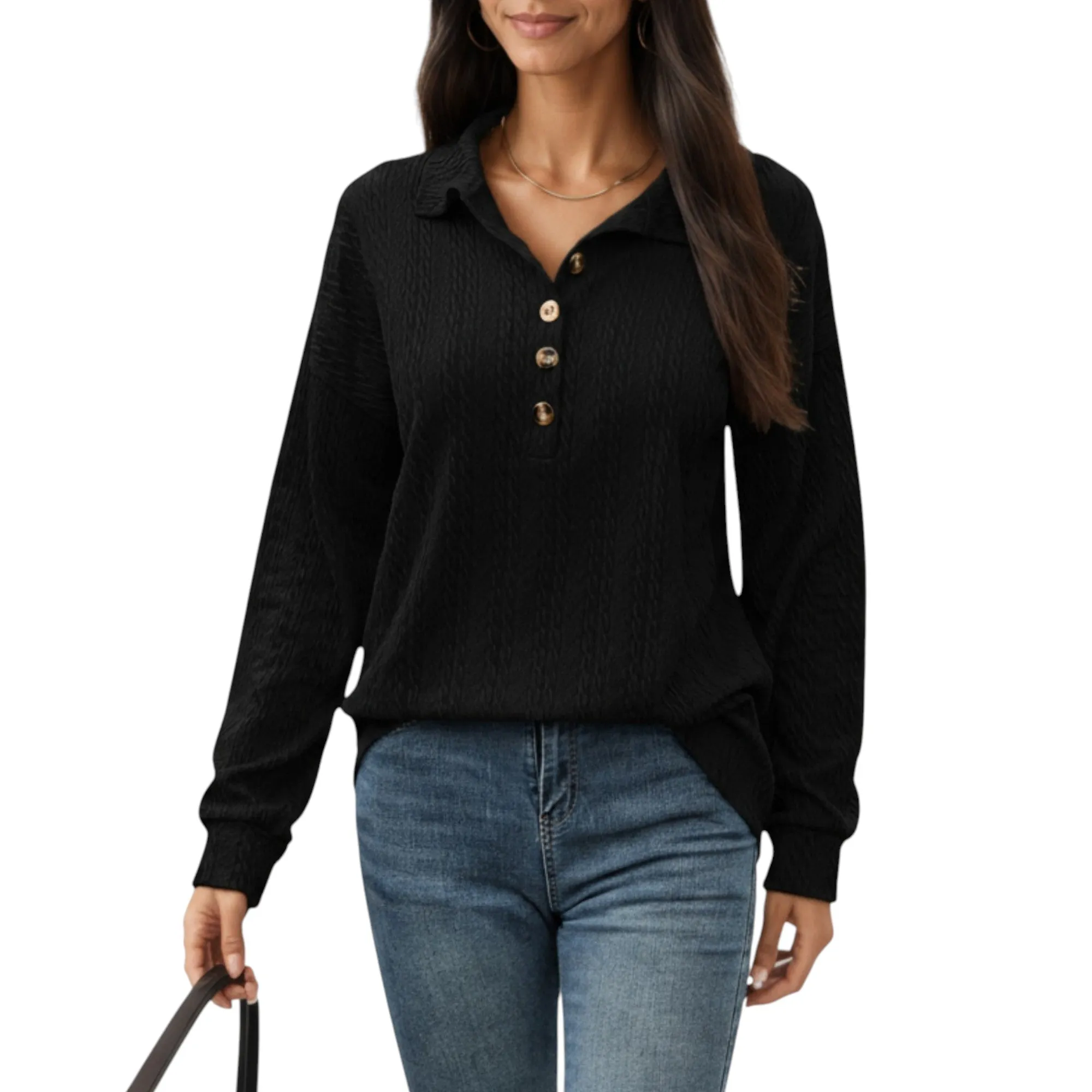 Anna-Kaci Women's Collared Long Sleeve Button-Up Top with Textured Knit Design sold by Anna-Kaci product image thumbnail 5