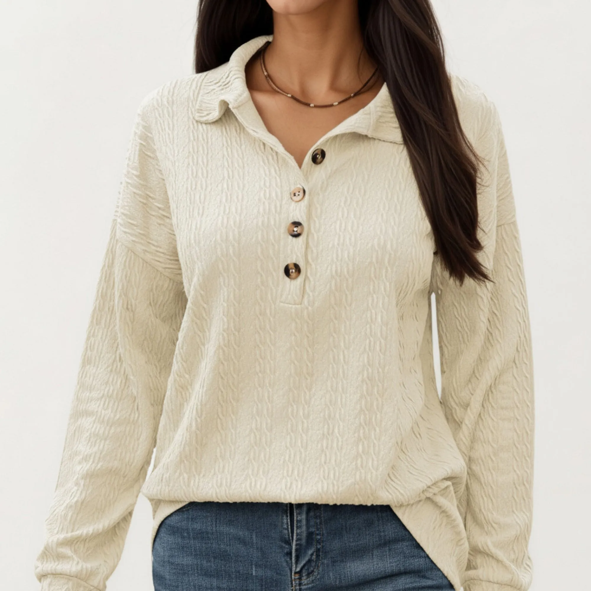 Anna-Kaci Women's Collared Long Sleeve Button-Up Top with Textured Knit Design sold by Anna-Kaci product image thumbnail 2