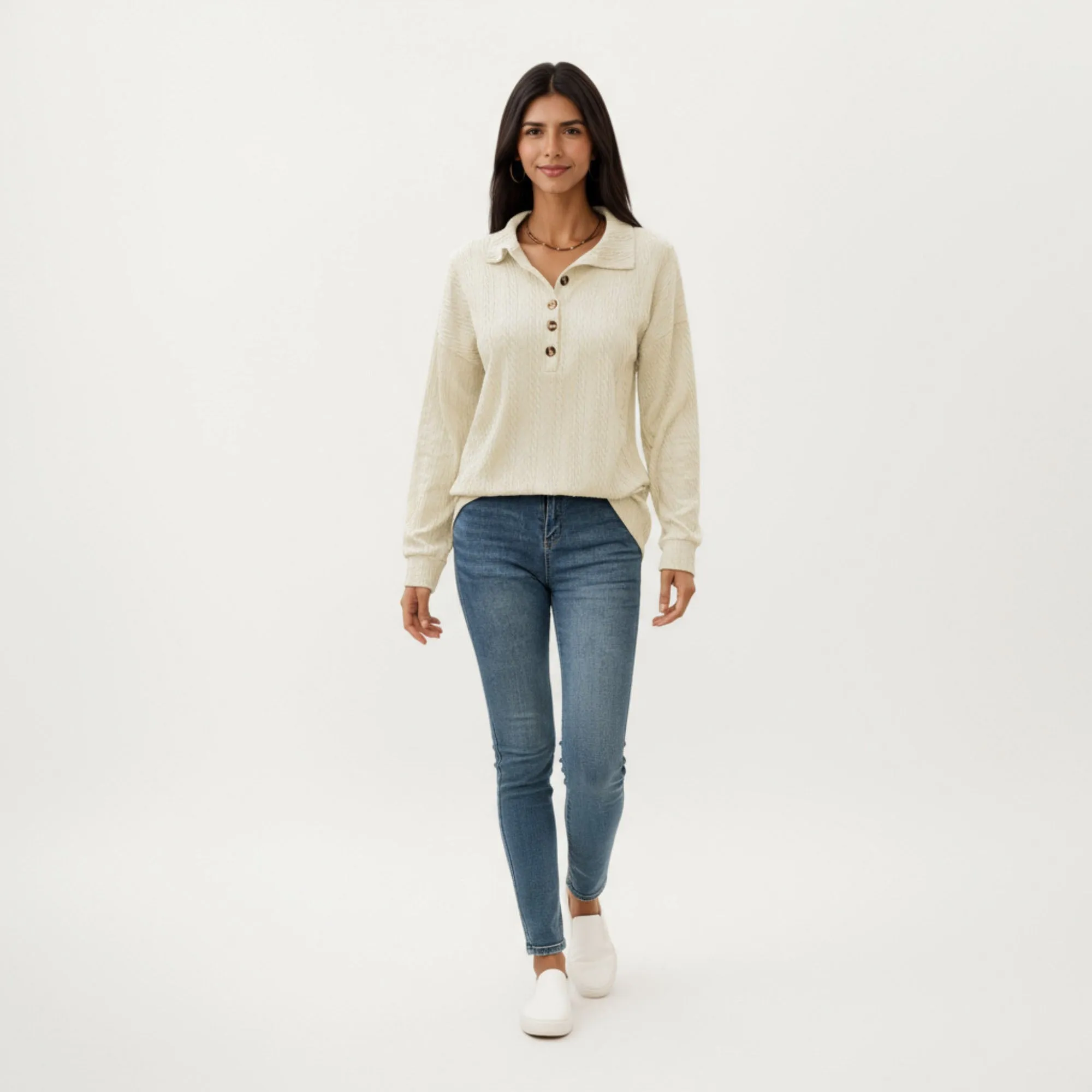 Anna-Kaci Women's Collared Long Sleeve Button-Up Top with Textured Knit Design sold by Anna-Kaci product image thumbnail 3