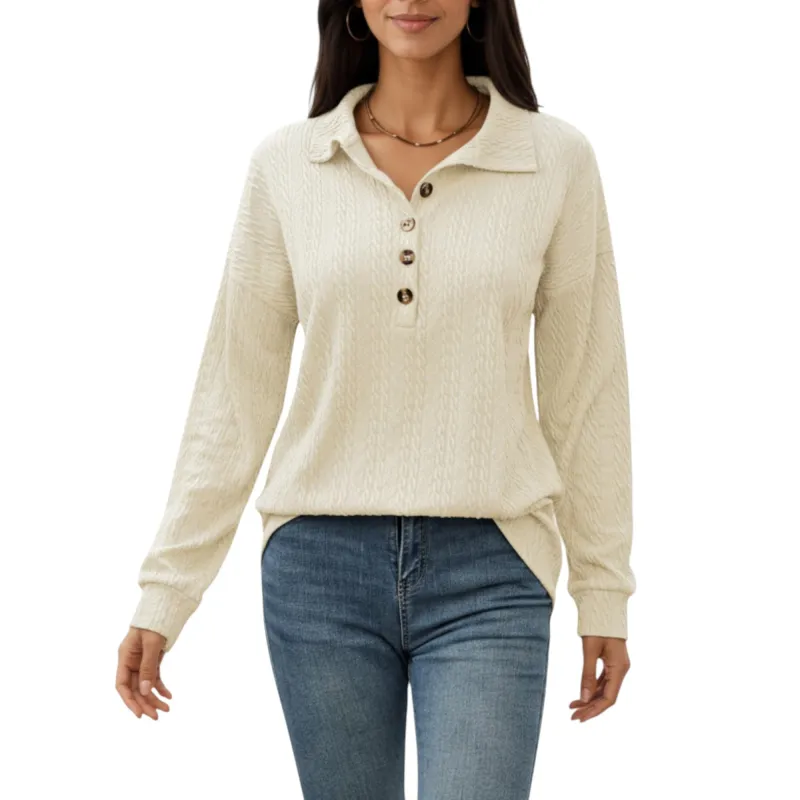 Anna-Kaci Women's Collared Long Sleeve Button-Up Top with Textured Knit Design sold by Anna-Kaci