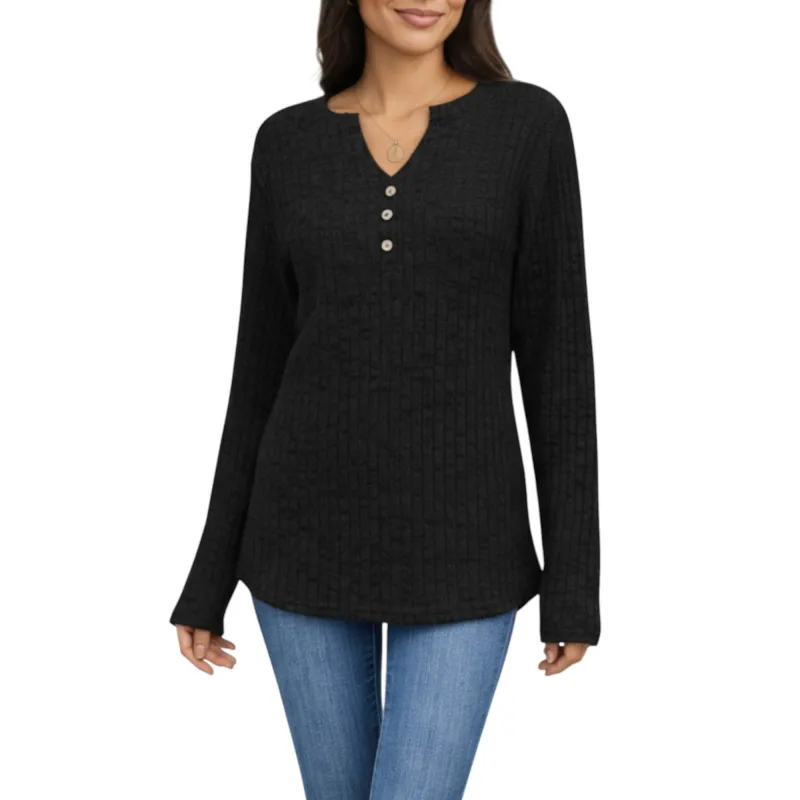 Anna-Kaci Women's Long Sleeve Ribbed Knit Top with Button Front Detail and Curved Hem sold by Anna-Kaci