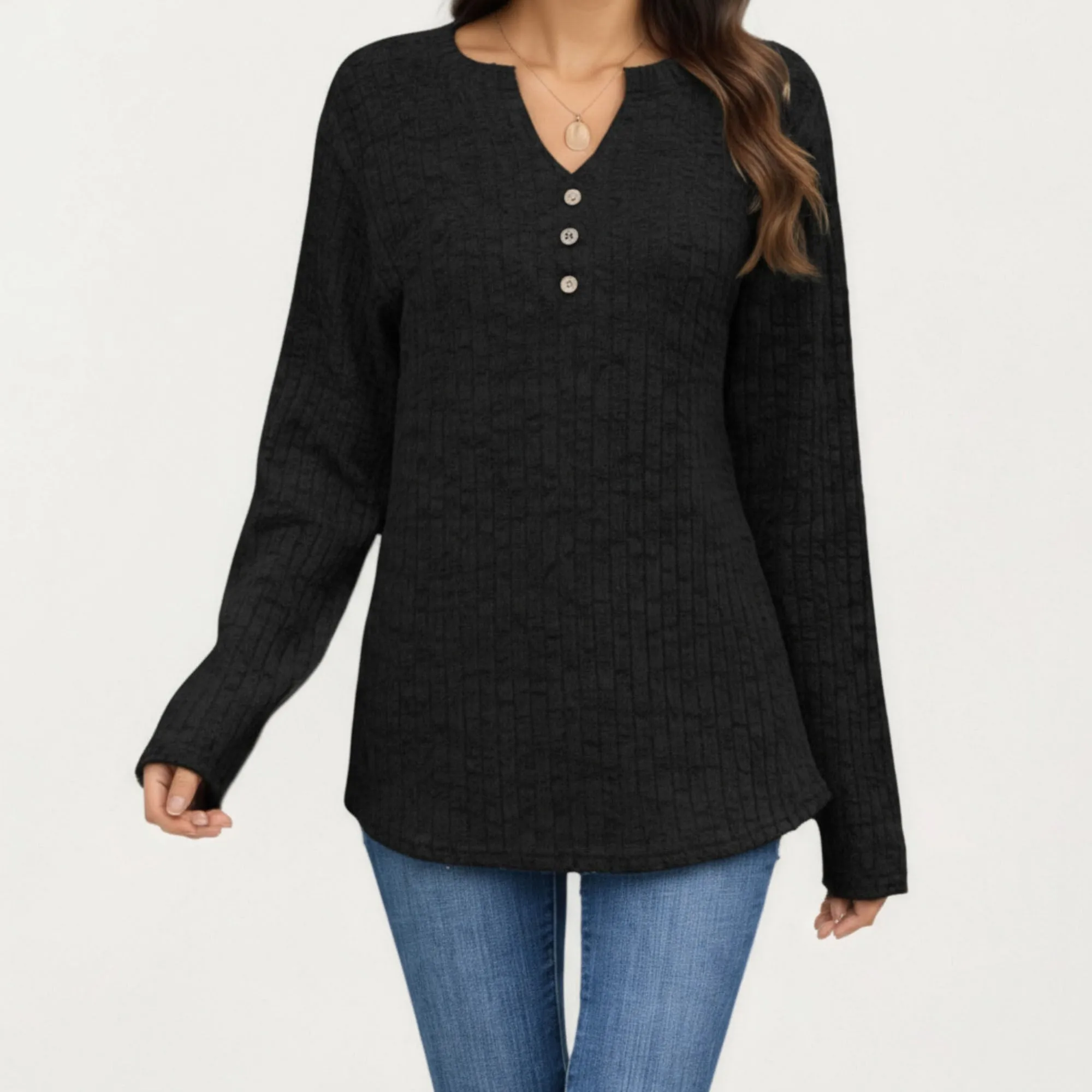 Anna-Kaci Women's Long Sleeve Ribbed Knit Top with Button Front Detail and Curved Hem sold by Anna-Kaci product image thumbnail 2