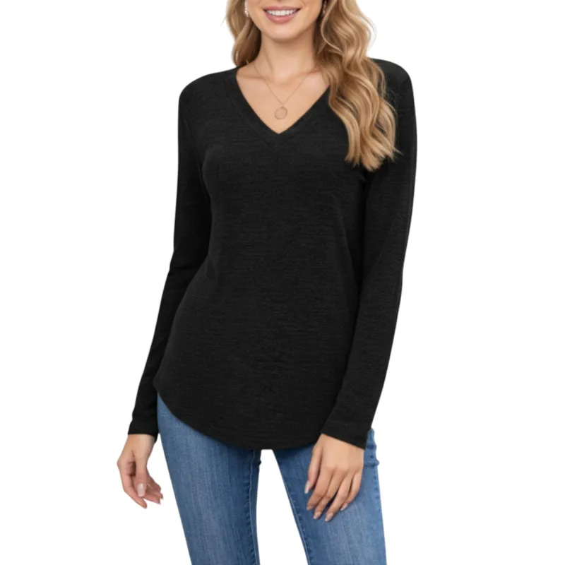 Anna-Kaci Women's Long Sleeve V-Neck Knit Top with Curved Hem and Relaxed Fit sold by Anna-Kaci