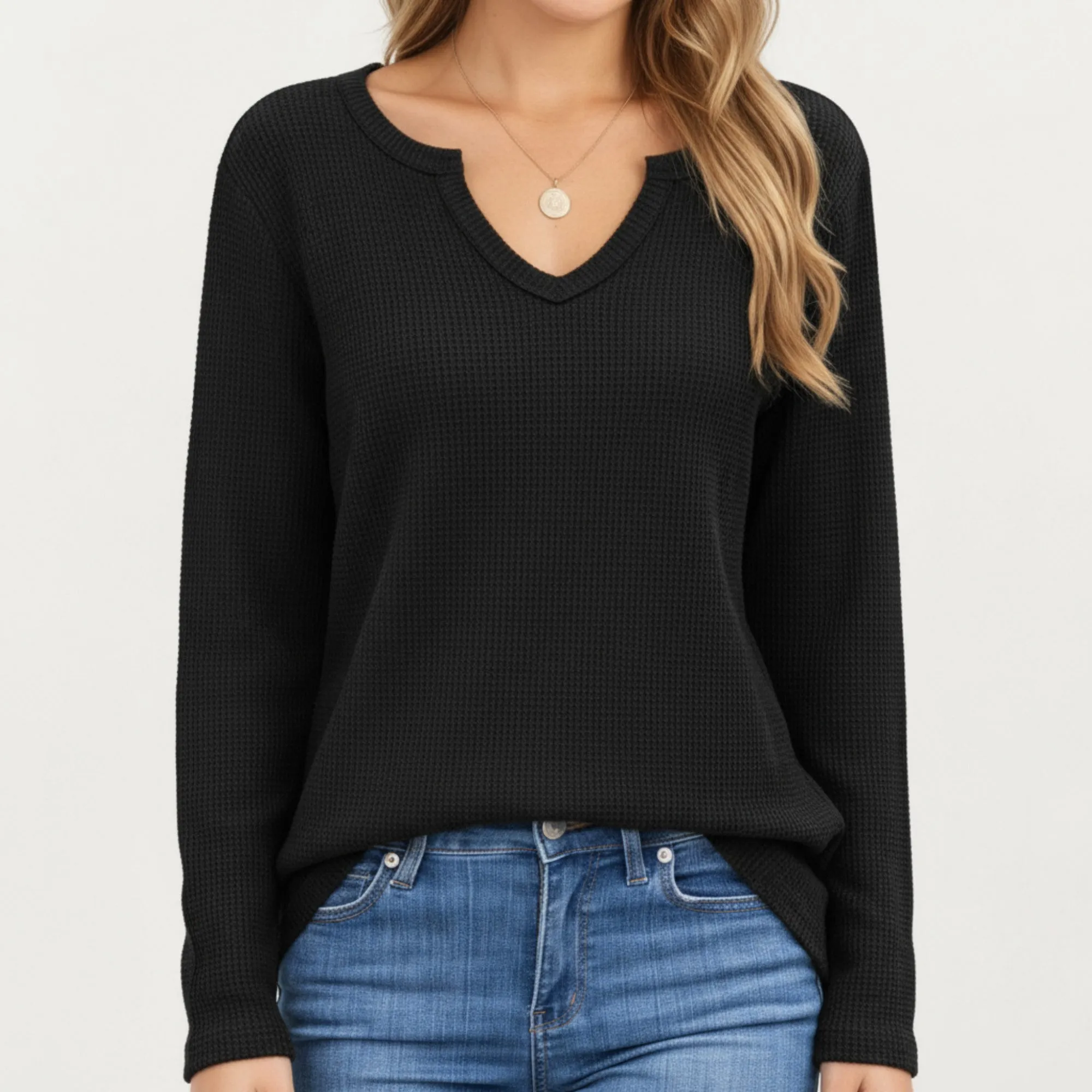 Anna-Kaci Women's Long Sleeve Waffle Knit Top with Notch V-Neckline and Relaxed Fit sold by Anna-Kaci product image thumbnail 3