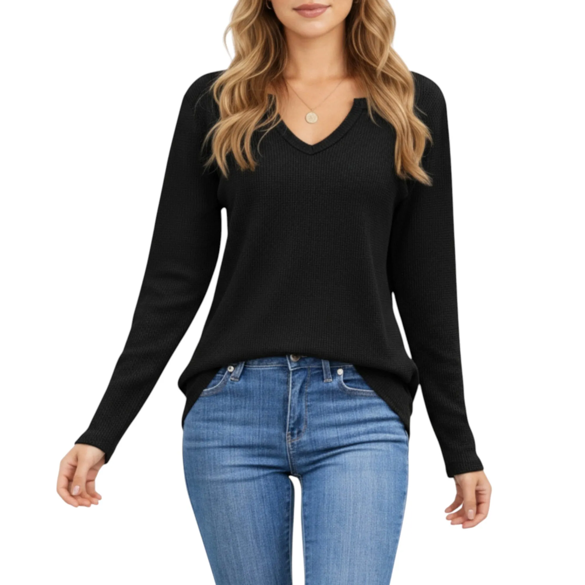 Anna-Kaci Women's Long Sleeve Waffle Knit Top with Notch V-Neckline and Relaxed Fit sold by Anna-Kaci