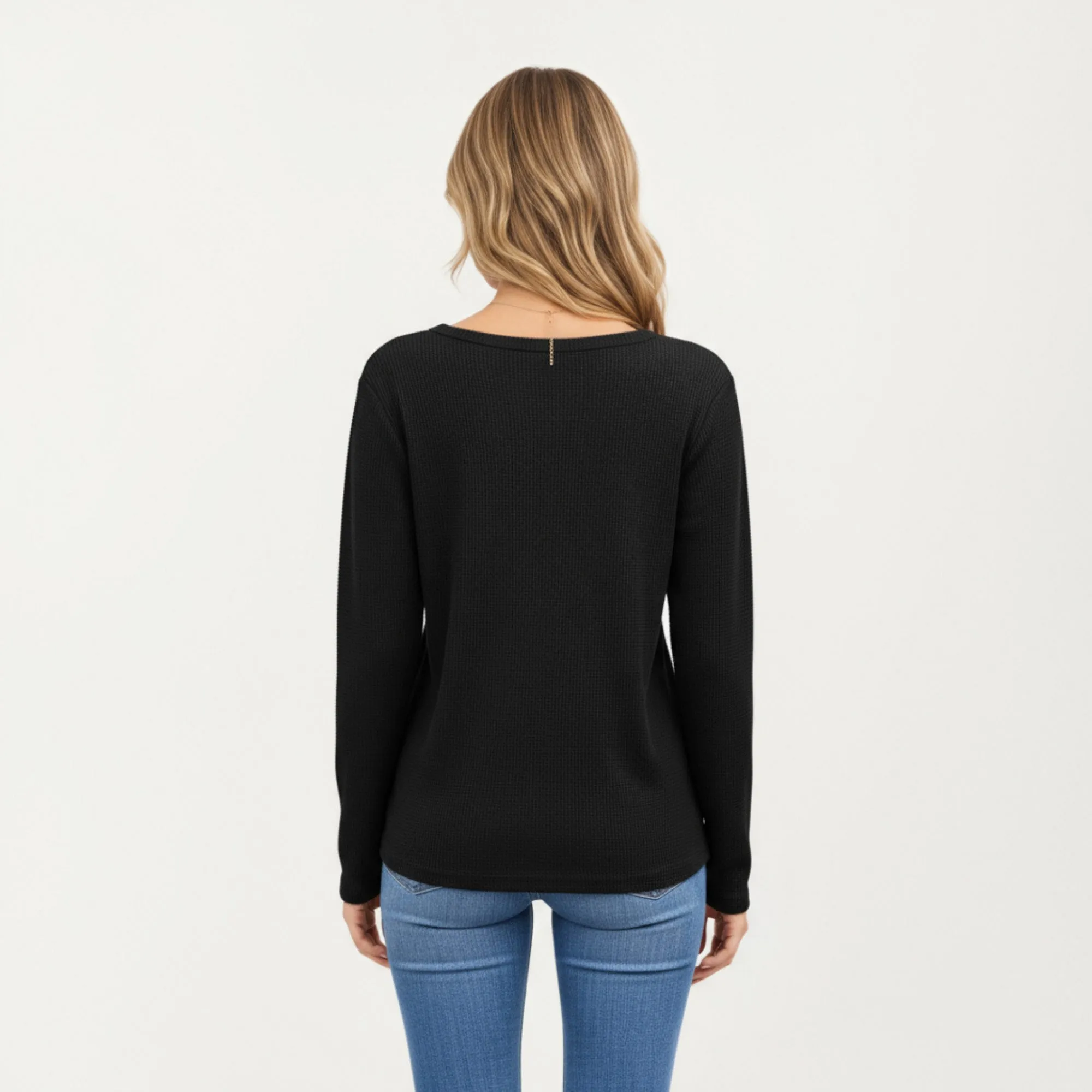 Anna-Kaci Women's Long Sleeve Waffle Knit Top with Notch V-Neckline and Relaxed Fit sold by Anna-Kaci product image thumbnail 2