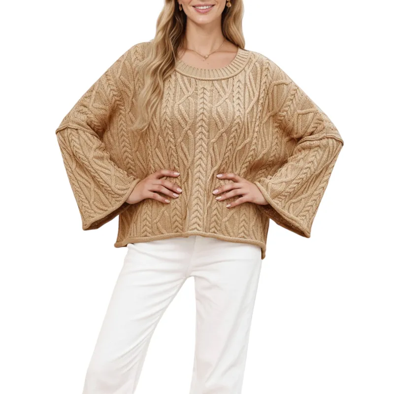 Anna-Kaci Women's Long Sleeve Cable Knit Pullover Sweater with Relaxed Fit and Wide Cuff Sleeves sold by Anna-Kaci