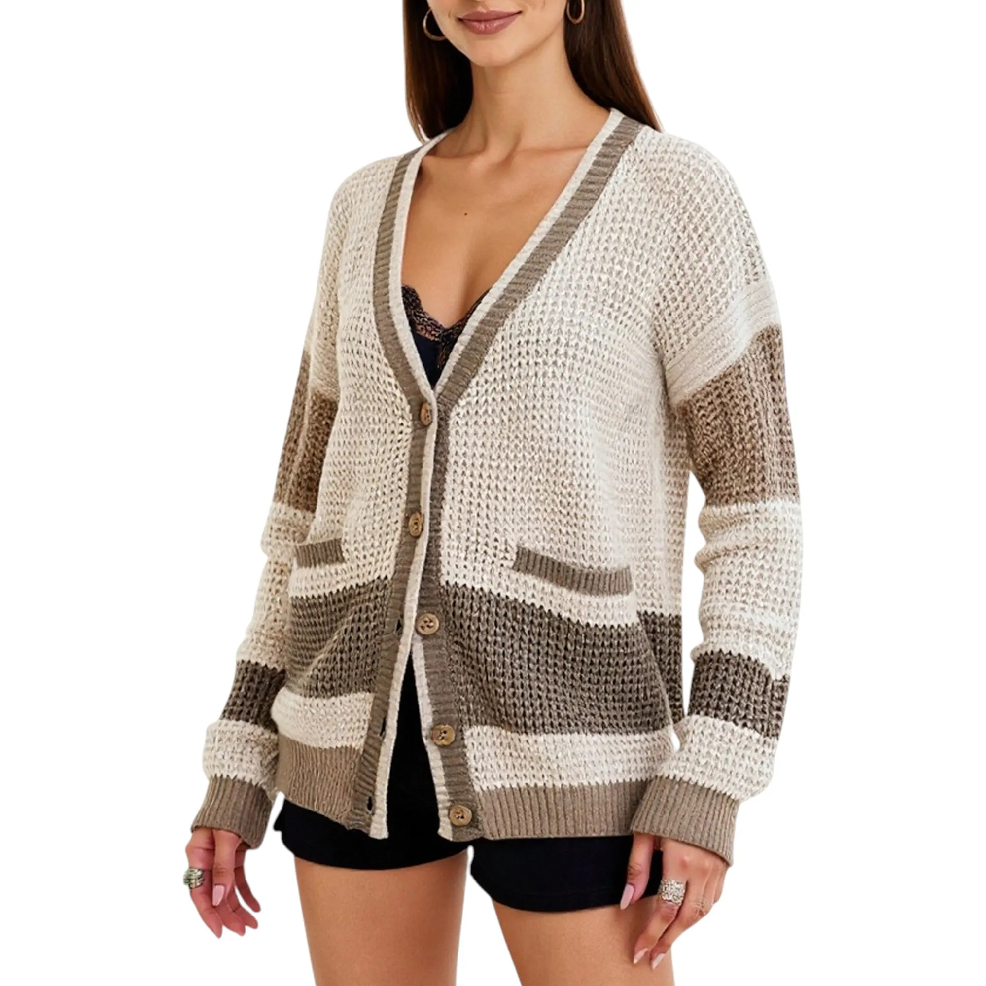 Anna-Kaci Women's Long Sleeve Button Front Striped Knit Cardigan with Pockets and Relaxed Fit sold by Anna-Kaci