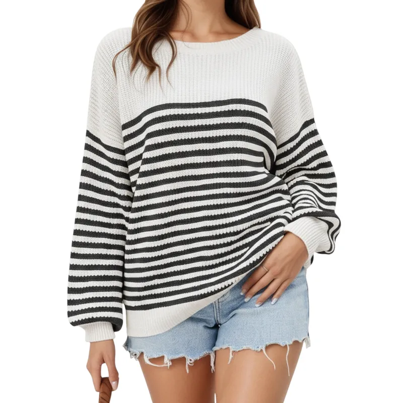 Anna-Kaci Women's Long Sleeve Striped Knit Pullover Sweater with Relaxed Fit and Ribbed Hem sold by Anna-Kaci
