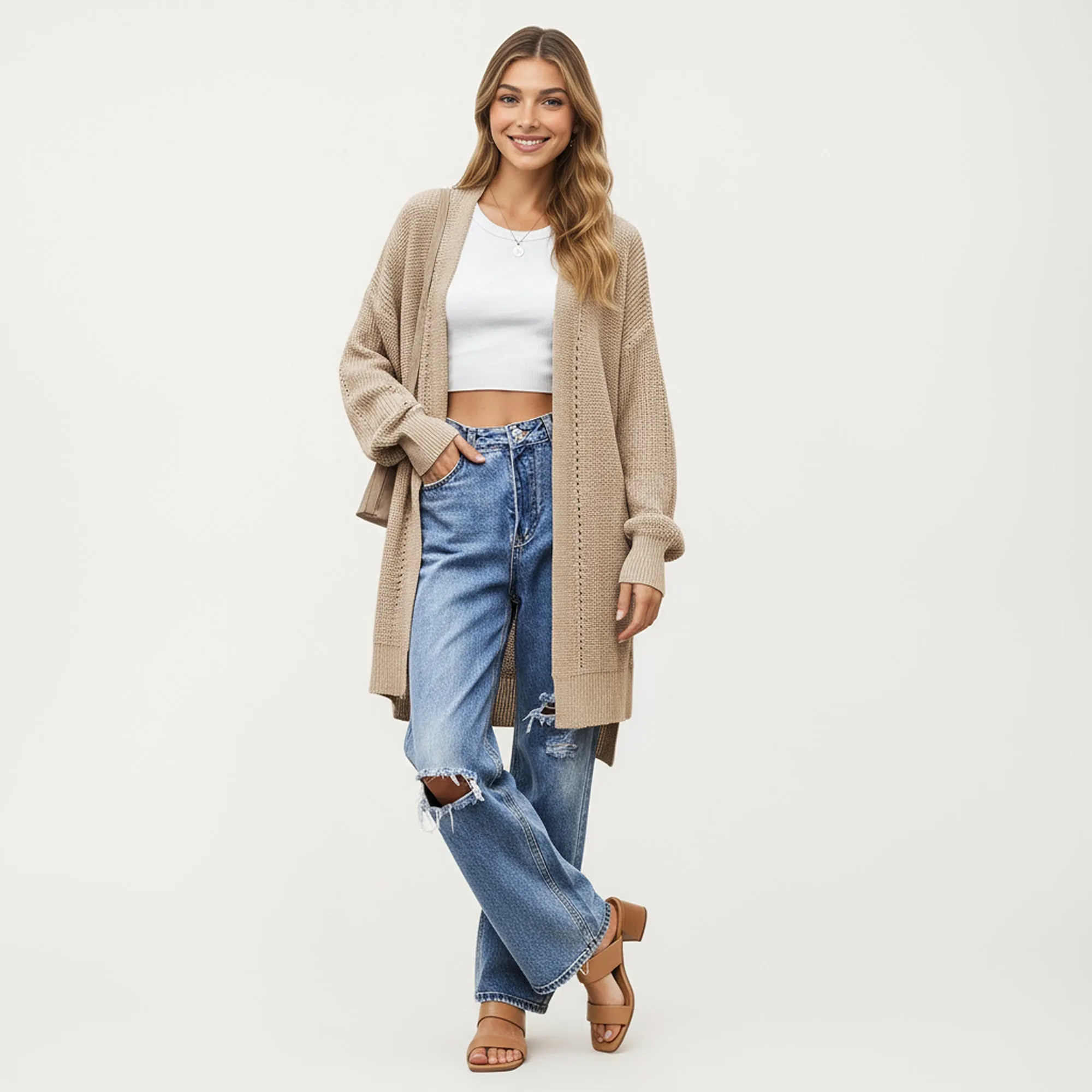 Anna-Kaci Women's Long Sleeve Open Front Knit Cardigan with Relaxed Fit and Textured Detailing sold by Anna-Kaci product image thumbnail 2