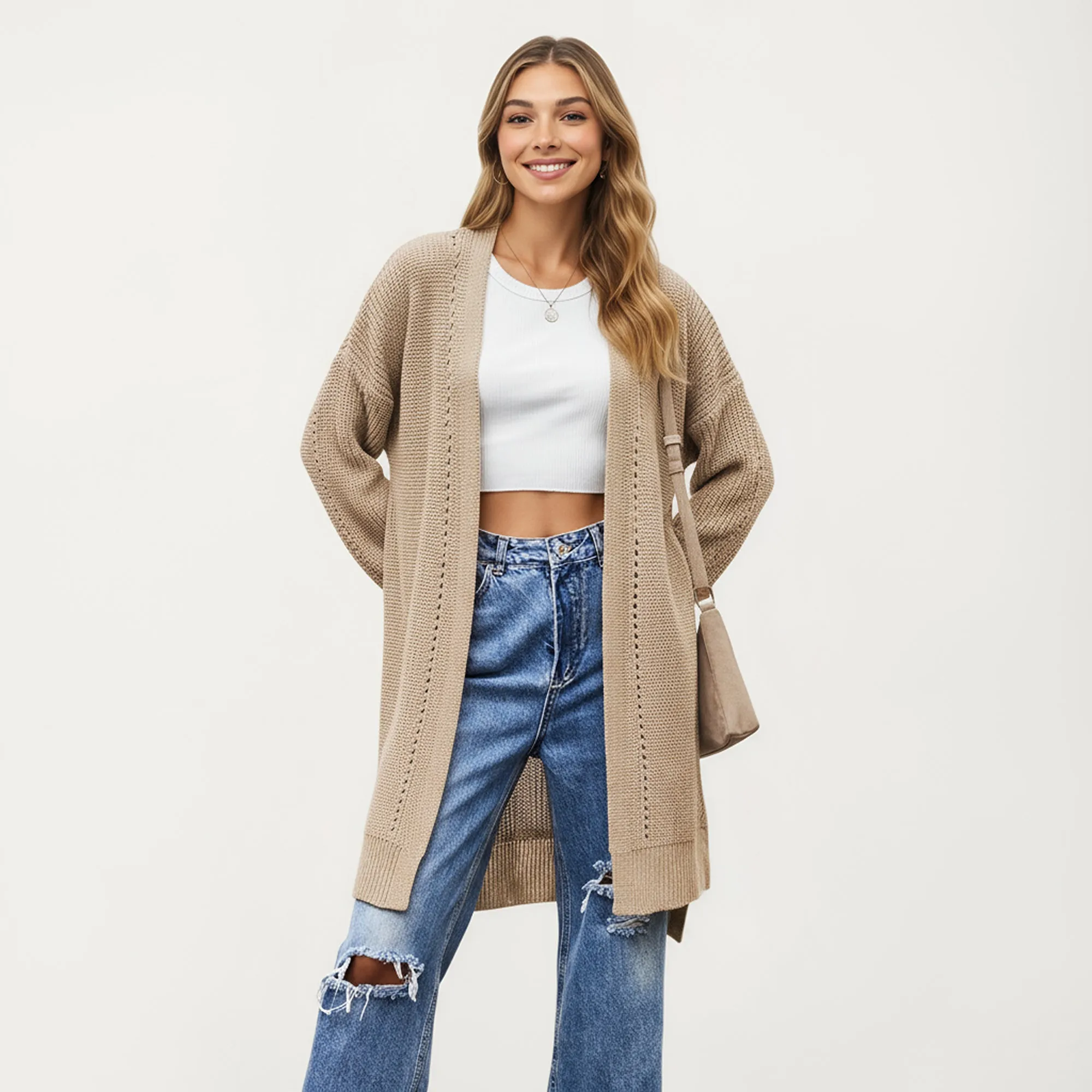 Anna-Kaci Women's Long Sleeve Open Front Knit Cardigan with Relaxed Fit and Textured Detailing sold by Anna-Kaci product image thumbnail 4