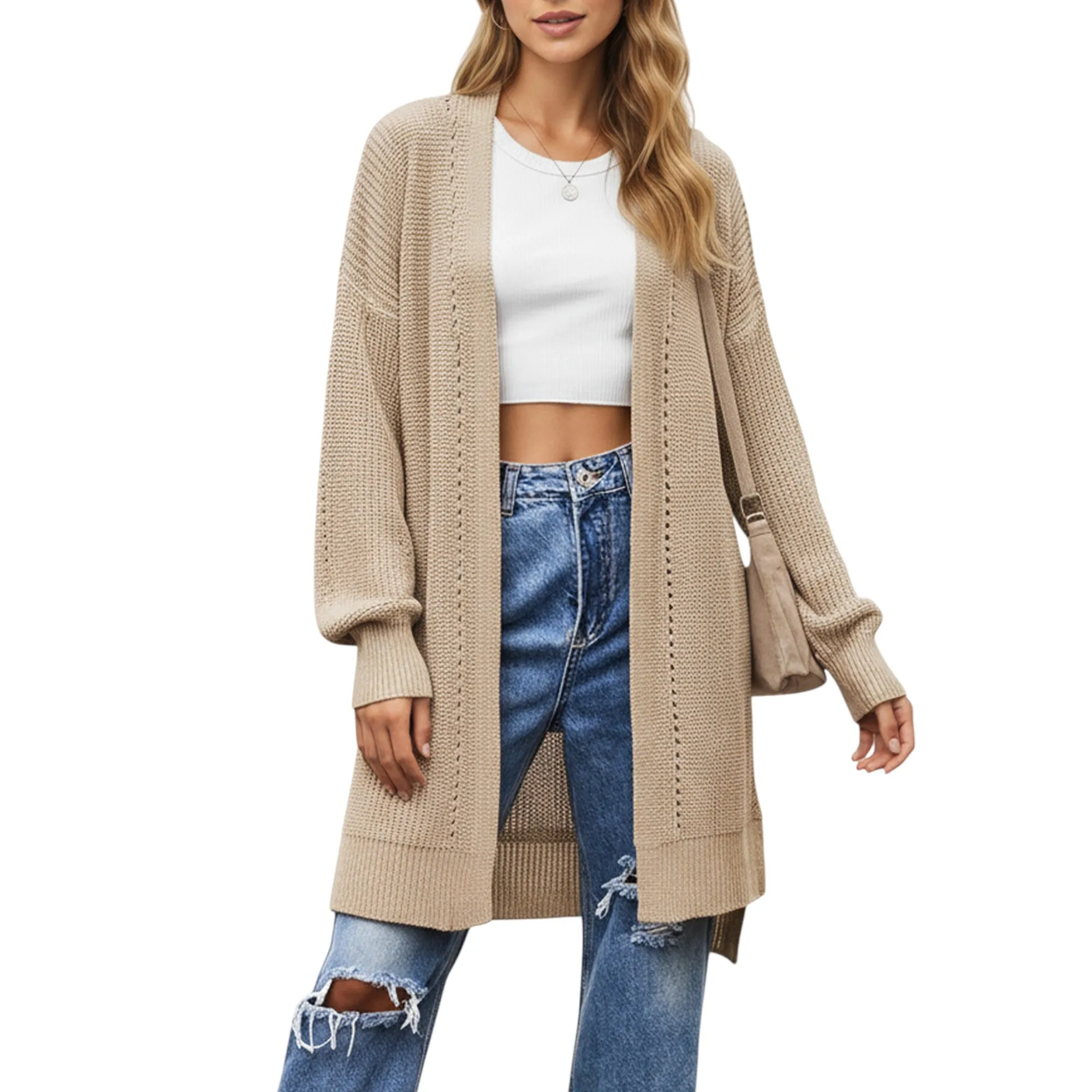 Anna-Kaci Women's Long Sleeve Open Front Knit Cardigan with Relaxed Fit and Textured Detailing sold by Anna-Kaci