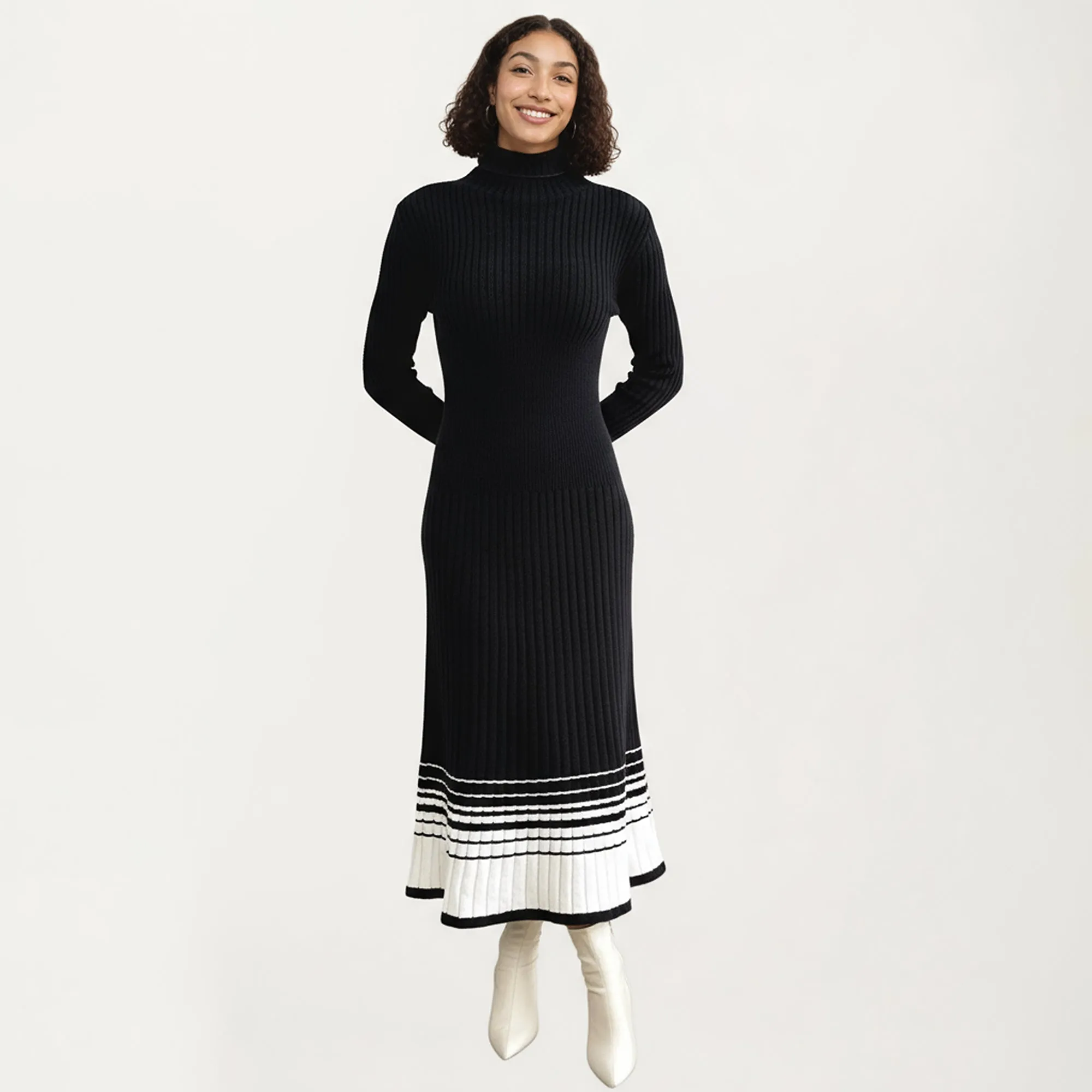 Anna-Kaci Women's Long Sleeve Ribbed Knit Midi Dress with Contrast Hem Stripe Design sold by Anna-Kaci product image thumbnail 2