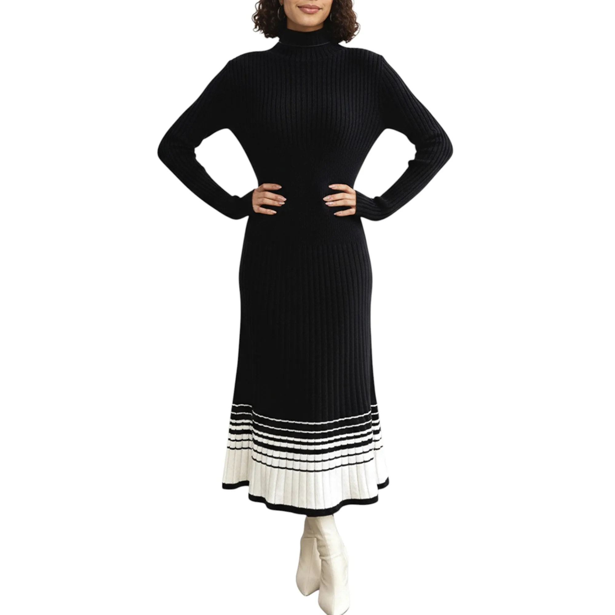 Anna-Kaci Women's Long Sleeve Ribbed Knit Midi Dress with Contrast Hem Stripe Design sold by Anna-Kaci