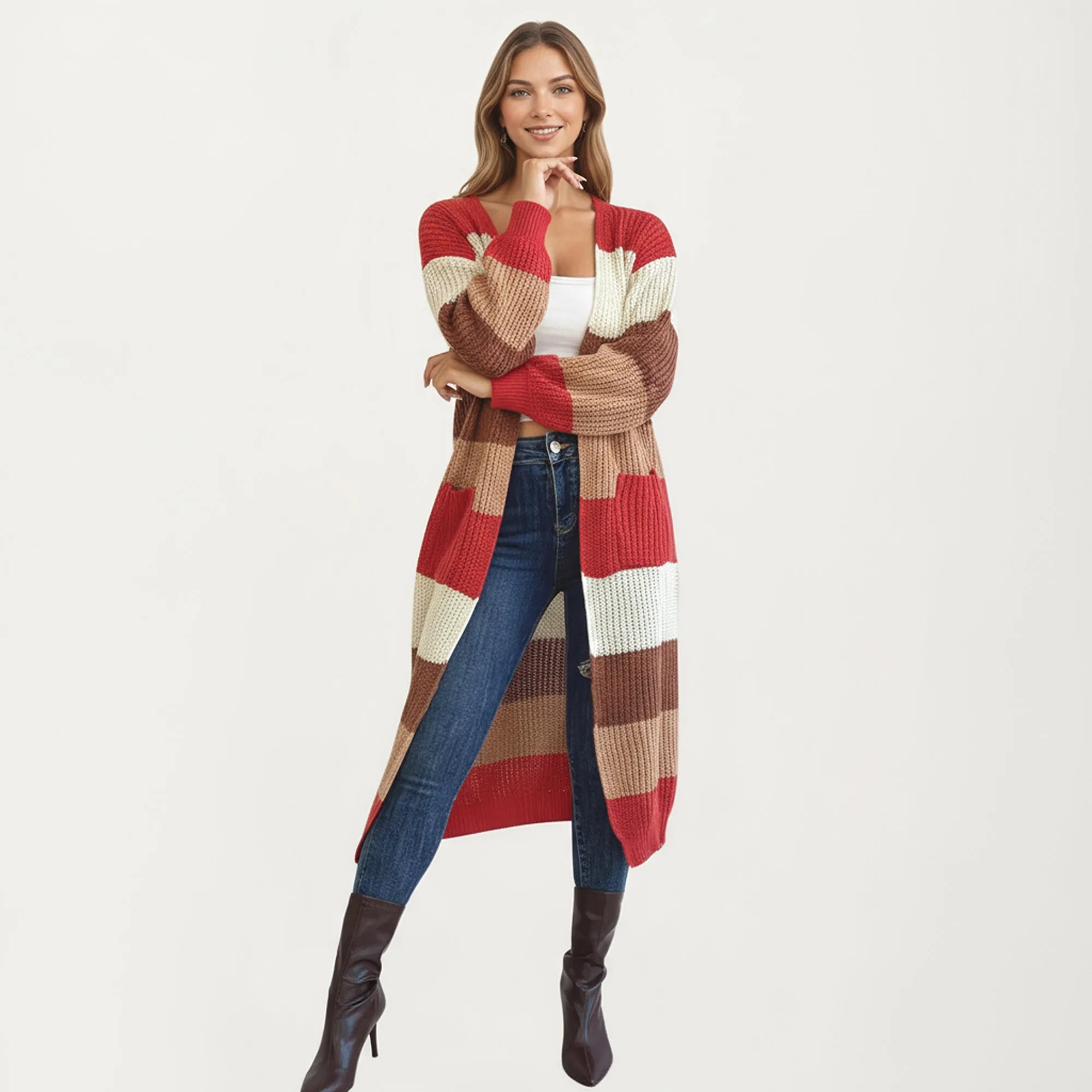 Anna-Kaci Women's Long Sleeve Open Front Knit Cardigan with Bold Color Block Stripes sold by Anna-Kaci product image thumbnail 3