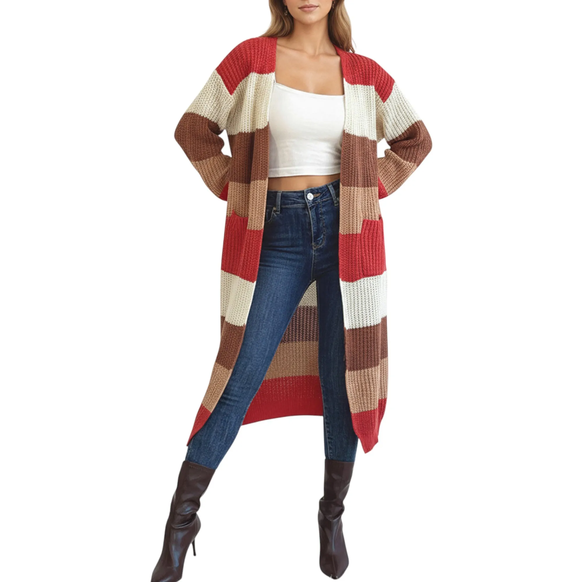 Anna-Kaci Women's Long Sleeve Open Front Knit Cardigan with Bold Color Block Stripes sold by Anna-Kaci