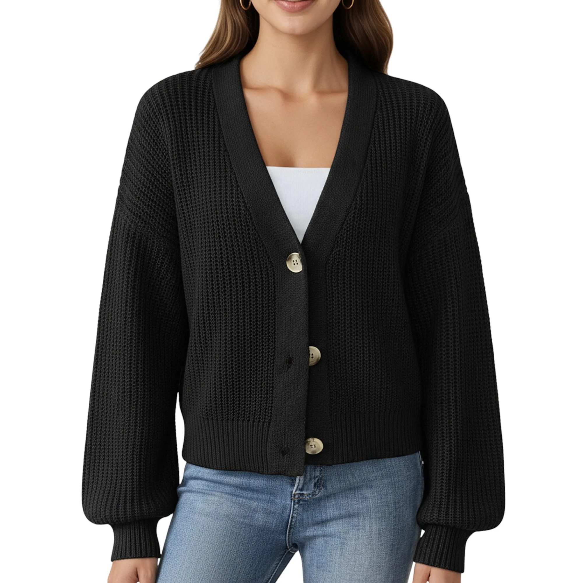 Anna-Kaci Women's Button Front Knit Cardigan with Long Lantern Sleeves and Relaxed Fit sold by Anna-Kaci