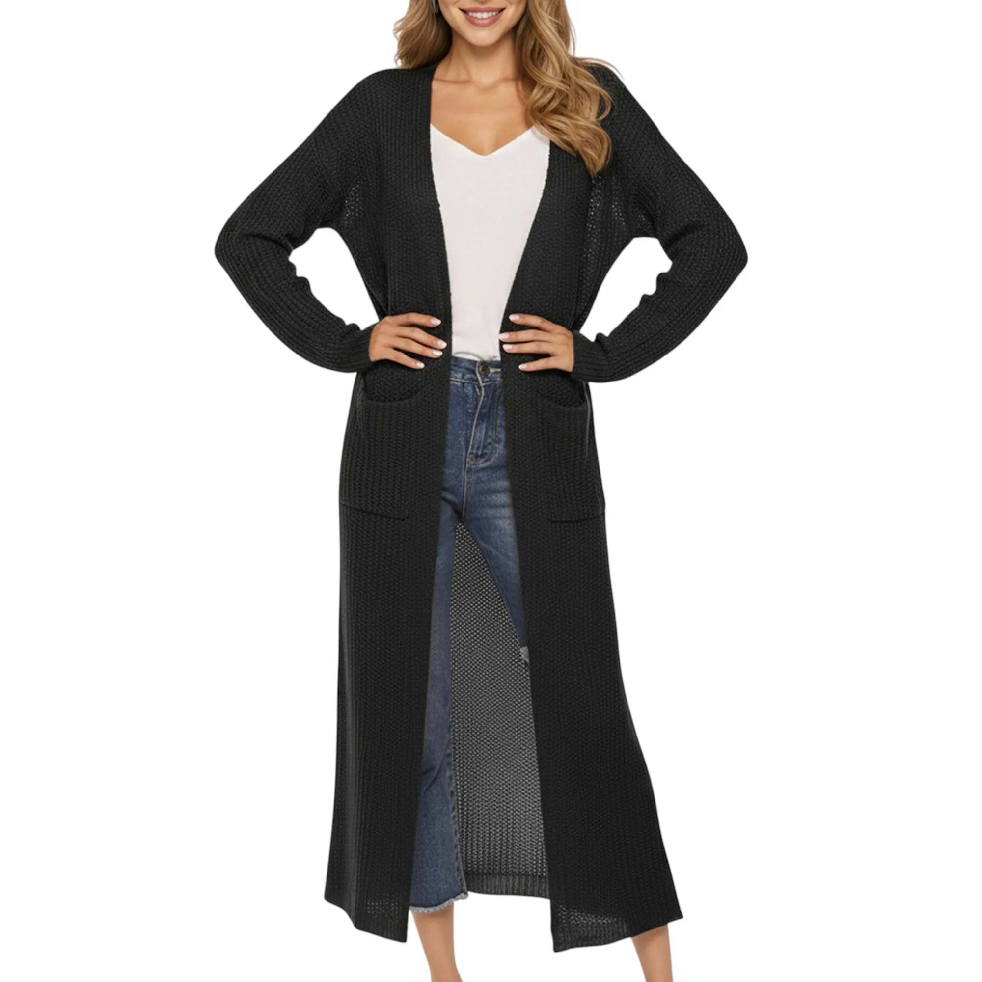 Anna-Kaci Women's Open Front Long Knit Cardigan with Pockets and Ribbed Trim sold by Anna-Kaci