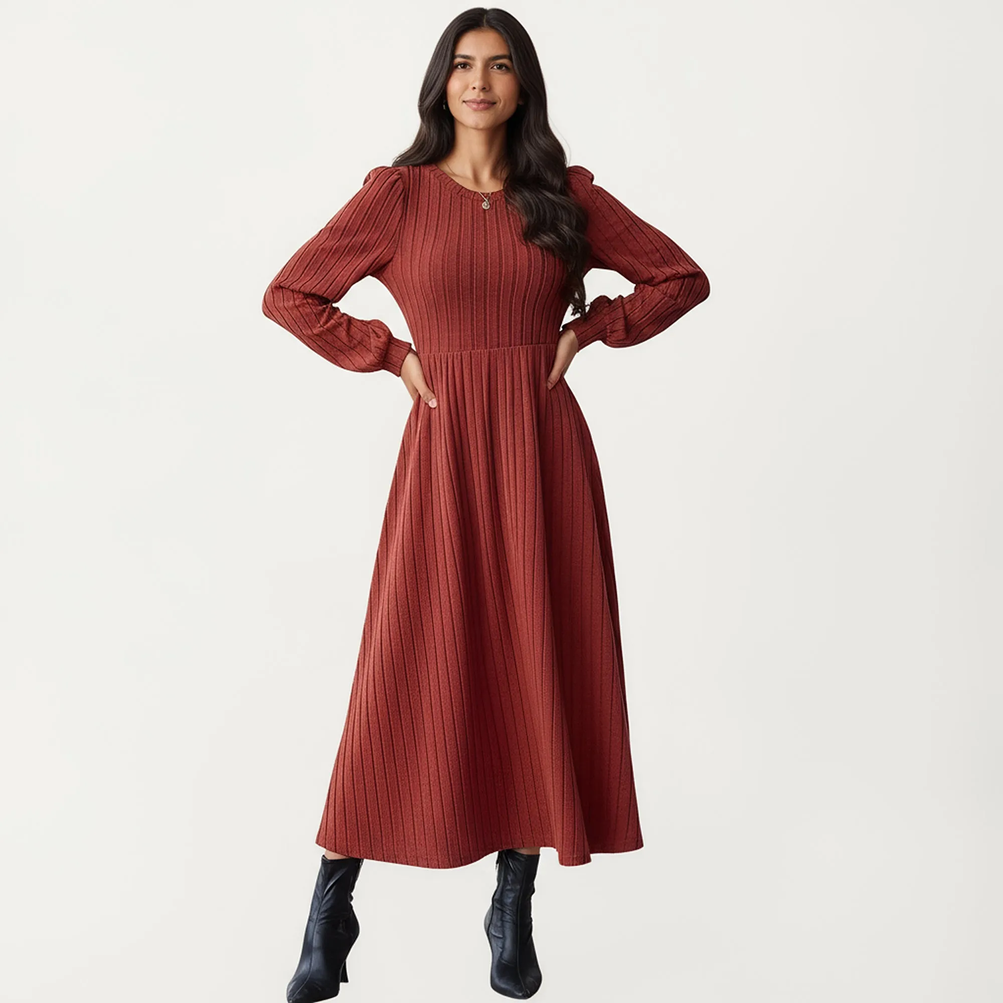 Anna-Kaci Women's Long Sleeve Pleated Maxi Dress with Fitted Bodice and Flowing Skirt sold by Anna-Kaci product image thumbnail 3